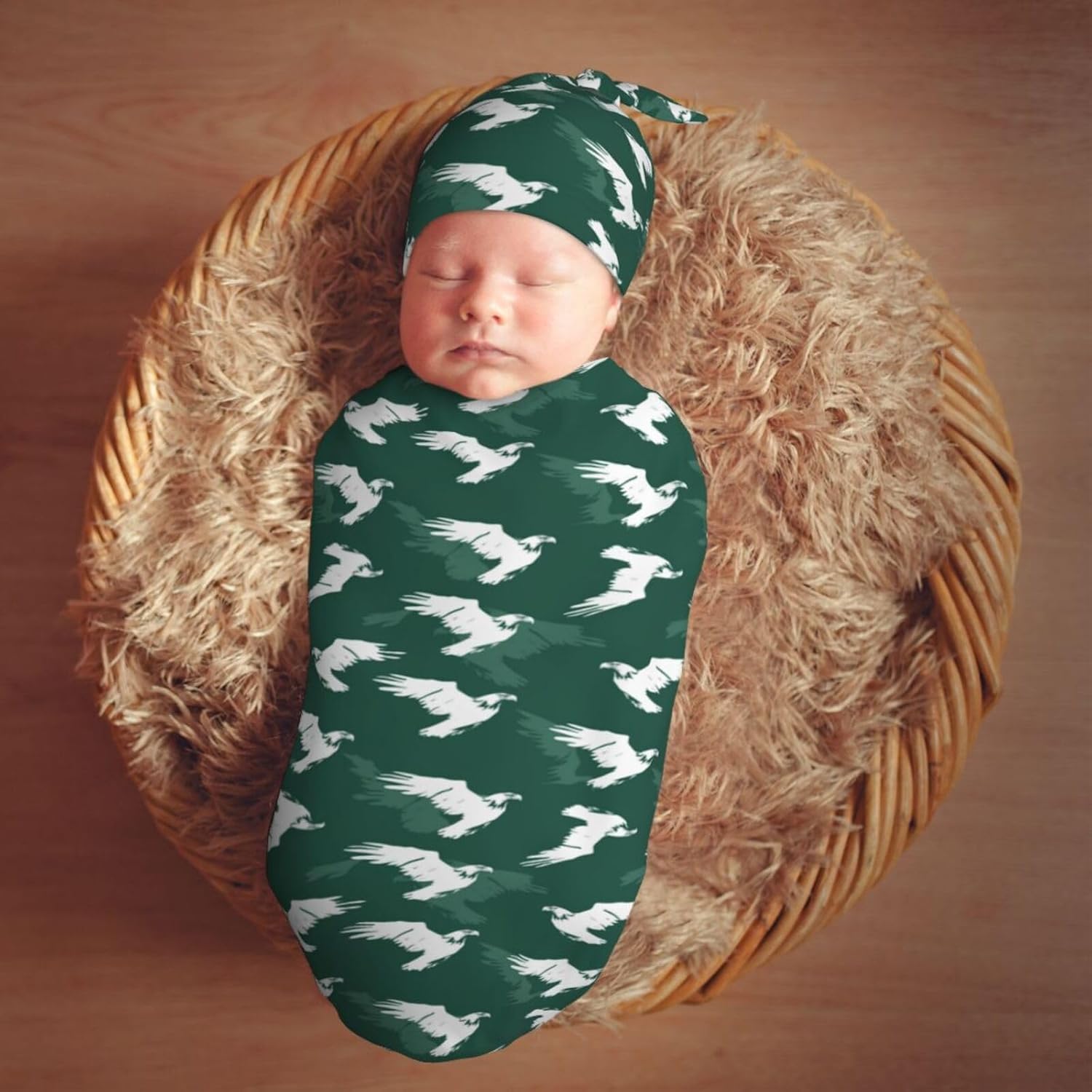 Eagle On Green Background Newborn Swaddle Blankets Hat Sets Soft Baby Receiving Blanket Swaddle Sack for Baby Shower Infant Boy Girl Gift - Image 7