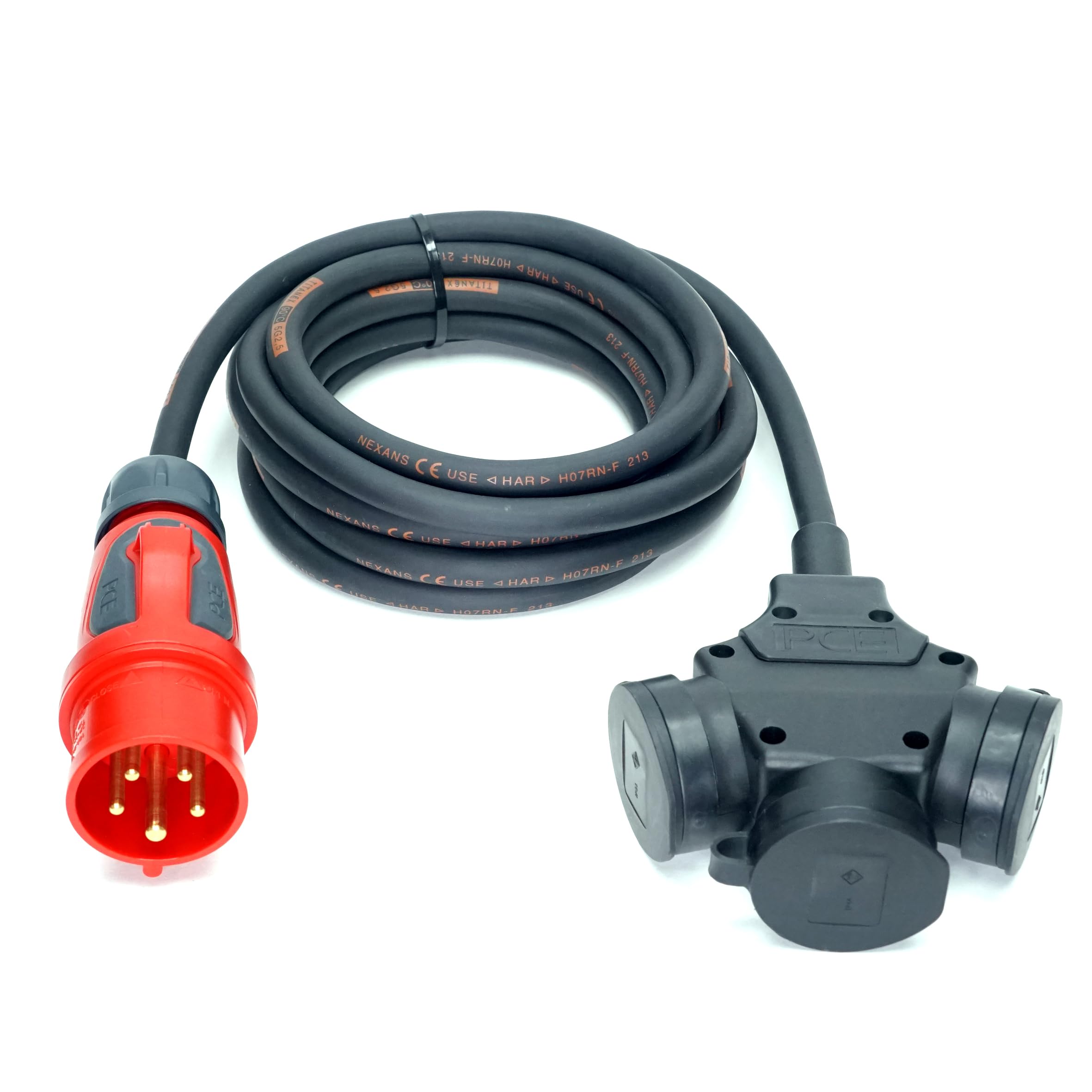 CEE-Stecker auf Schuko-Verteilung 3-Fach (1,5m-50m) 16A Verlängerungskabel Titanex H07RN-F 5x2,5mm² mit PCE Grip Stecker und 3er-Kupplung IP44, Business-Line von Event-Kabel (20 Meter)