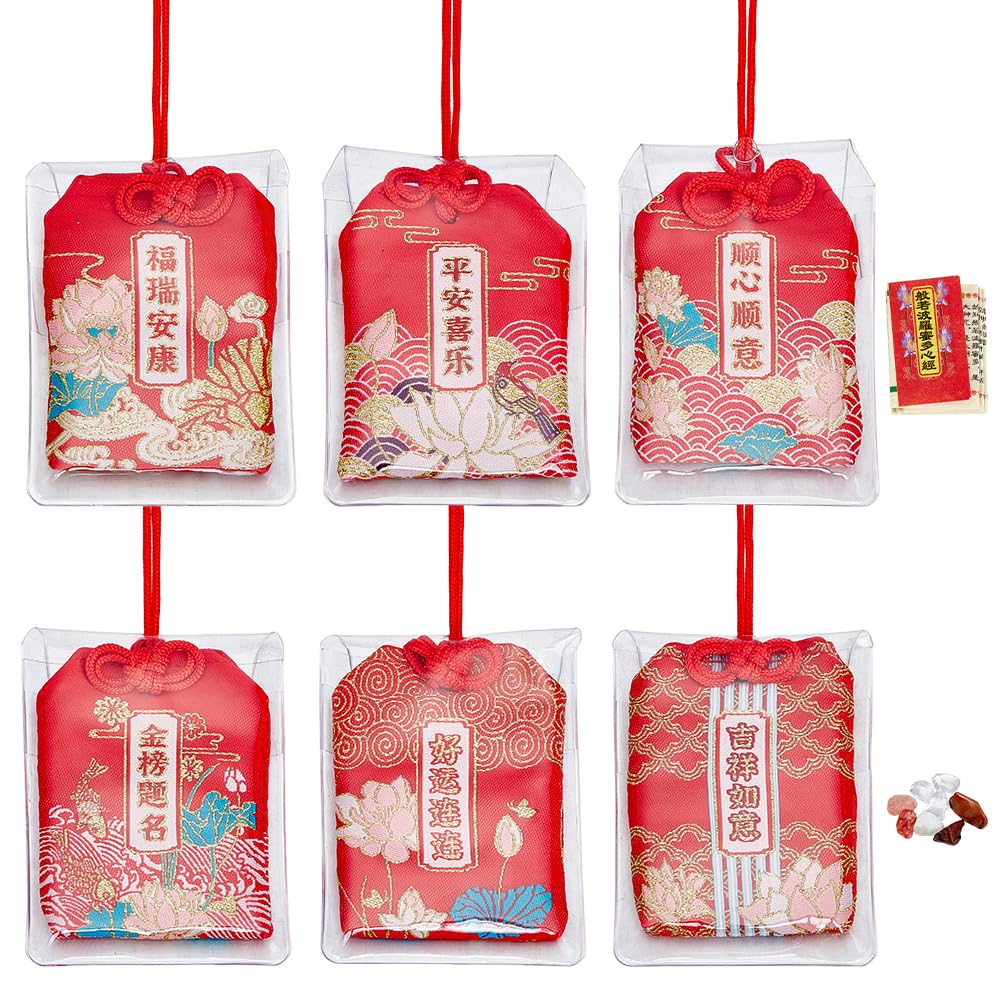 PH PandaHall 6pcs Japanese Omamori Amulets Good Luck Hanging Ornament, Red Blessing Lucky Charm with Lucky Stone and Sutra Books Gift for Health Wealth Success Good Fortune Happiness