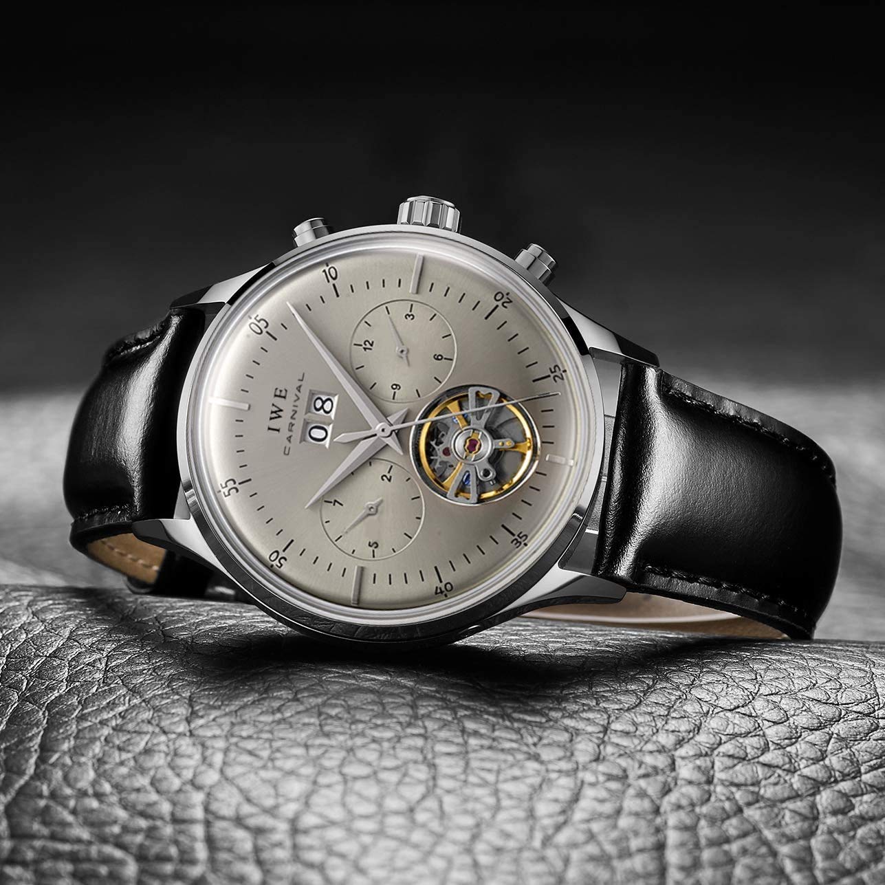 MASTOP Schweiz Herren Komplikationen Automatische Mechanische Uhr mit Lederband Business Edelstahl Kleid Armbanduhr Klassisch Kalender Datum Fenster 3ATM Wasserdicht