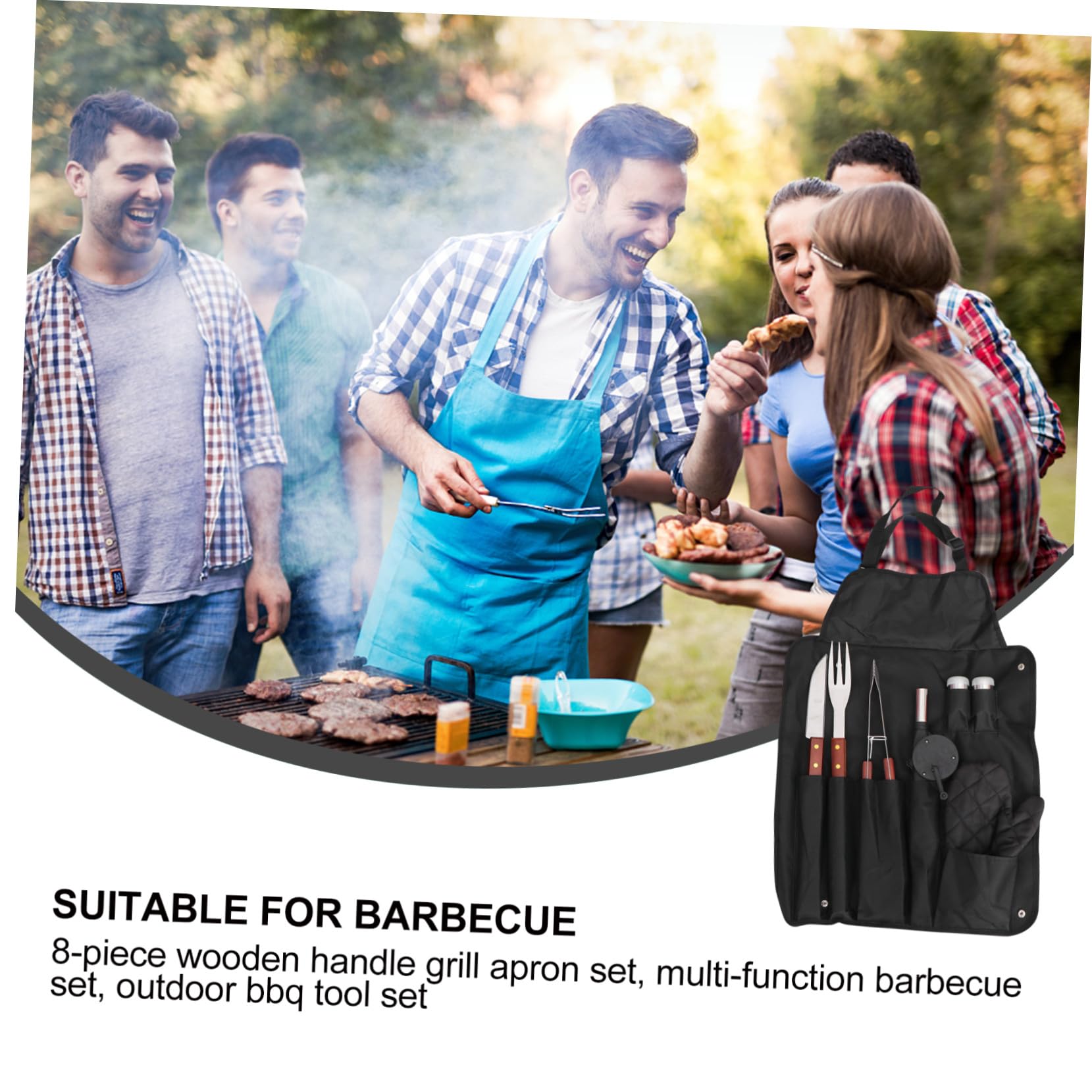 Set Utensili Barbecue 8 Pezzi Manico in Legno e Borsa | Acciaio Inox, Design Compatto, Cinghie di Fissaggio, Nero per Barbecue Party e Uso Outdoor