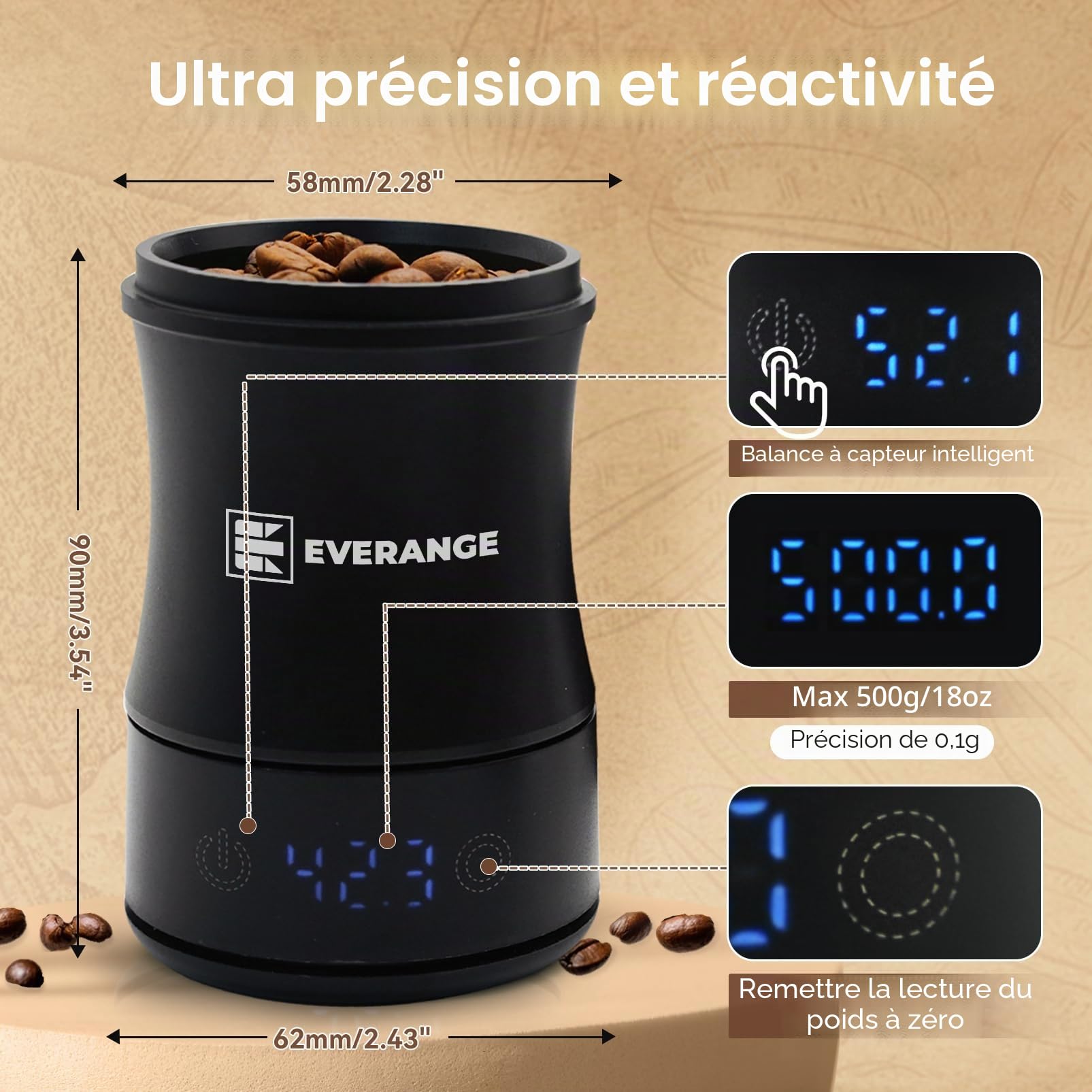 Balance à café numérique avec minuterie - rechargeable pour espresso Balance précise pour café filtre et café moulu, écran LED, tasse doseuse incluse, noir