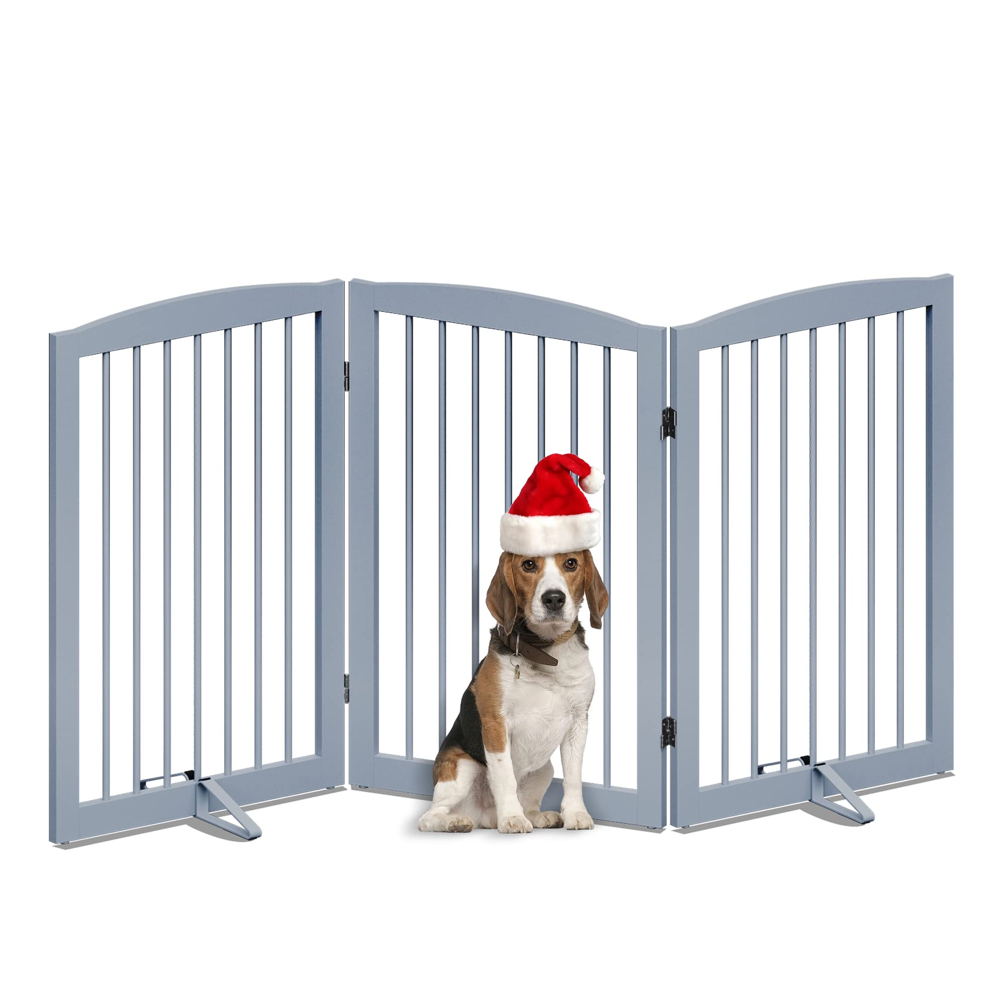 PUPETPO Freestanding Pet Gate for Dogs, Foldable Wooden Dog Gate for House Indoor, Tall Dog Gate for Stair, Doorway,Hall, Step Over Pet Puppy Safety Fence, 3 Panels 32",Grey