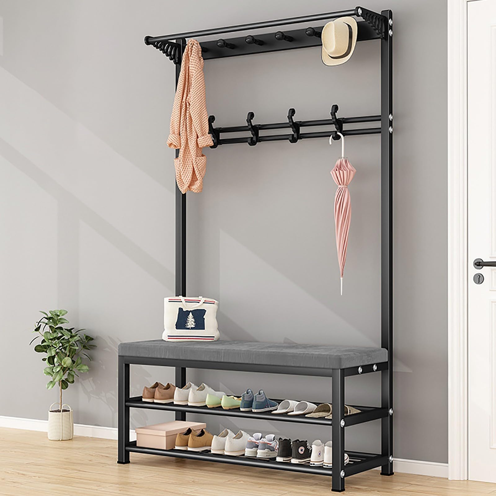 MYUYEE 4 In 1 Wardrobe With Shoe Rack 2 Shelves, Free-Standing Wardrobe With Bench And Removable Hooks, Multifunctional Clothes Rack With Shelf, For Hallway, Entrance Area C, 10(A-100 * 33 * 170Cm)