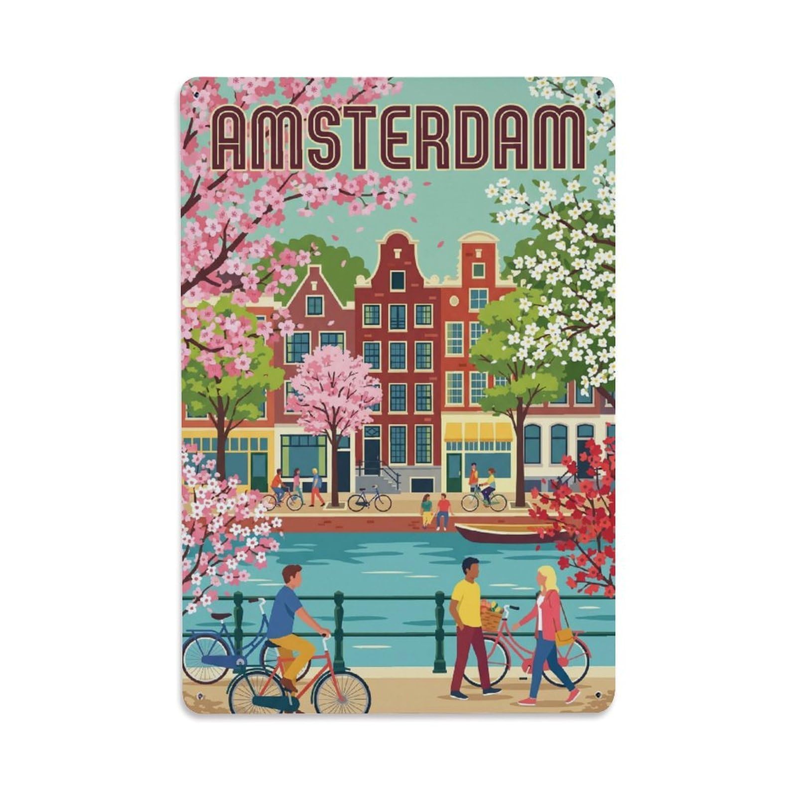 Okngb Style Amsterdam Spring Waterway Retro Tourism Canal Quay Metal Tin Sign Plaque Wall Decor For Cafe, Man Cave, Club Bar, Office, Home Garden Round Metal Poster 8X12inch