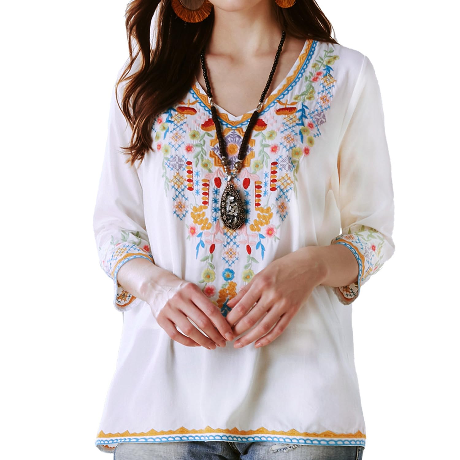 Ropa Hippie para Mujer Blusa Bordada de Folclore Bohemio Túnica de Manga 3/4 con Cuello en V Top Informal de Verano