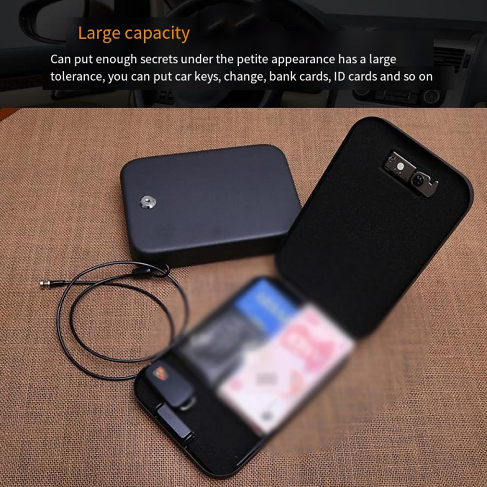 Cassetta di sicurezza per chiavi portatile Mini cassaforte con corda d'acciaio Mini antifurto per gioielli Cassaforte per gioielli Cassaforte per auto Cassetta portachiavi antifurto,Black
