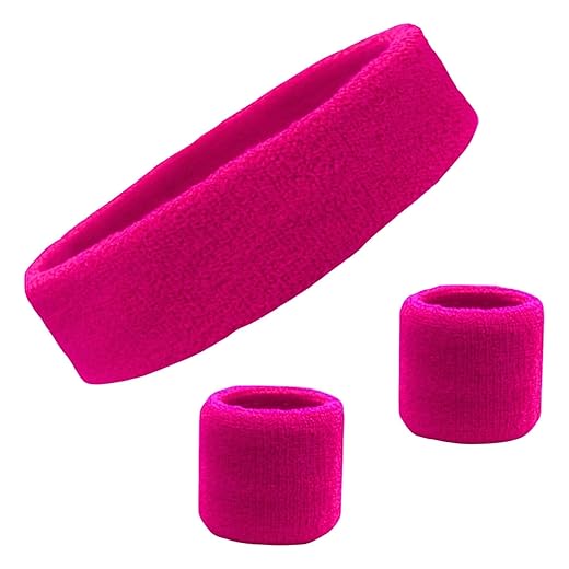 Sweatband Set Cotton Sports Headband Terry Cloth Wristband Moisture Wicking Sweat Absorbing Head Band Athletic Exercise Basketball Wrist Sweatbands and Headbands by Kenz Laurenz (Pink)