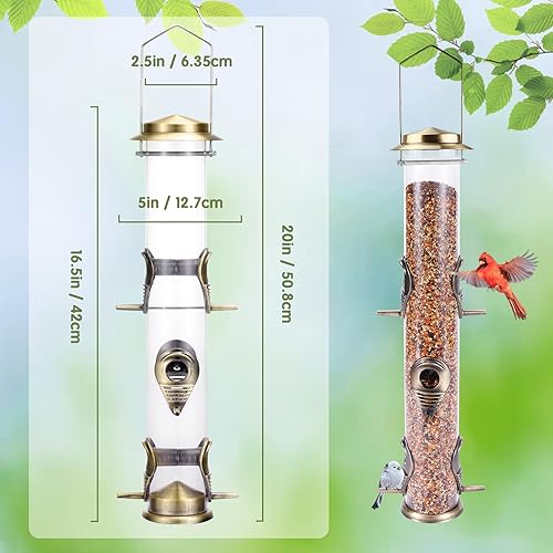 Miniatura 10 de MIXXIDEA Comederos metálicos para pájaros silvestres, a prueba de ardillas, tubos colgantes de 6 puertos transparentes para atraer pájaros en tu