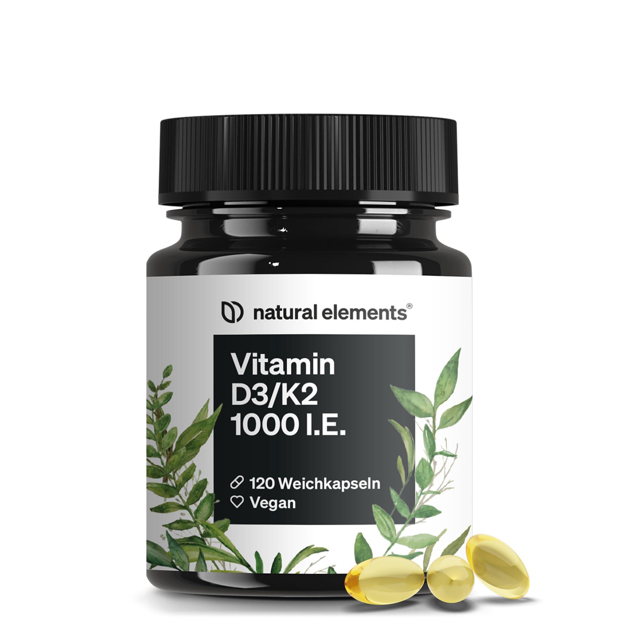 Natural Elements Vitamin D3 und K2 Softgel Kapseln – 1.000 I.E. Vitamin D3 und 20µg Vitamin K2 – 120 Stück – vegan und o
