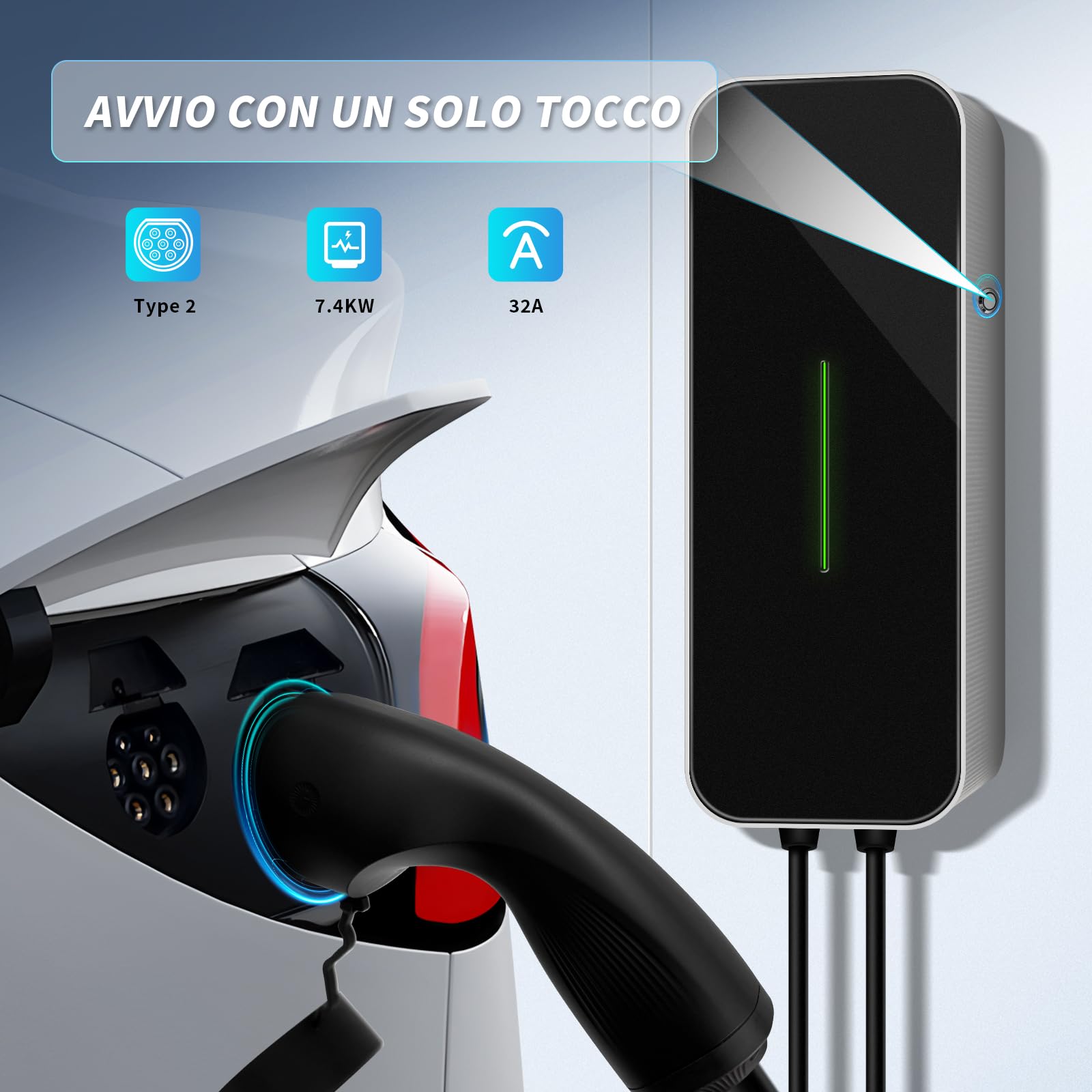 Ricarica Auto Elettrica, 7KW Tipo 2 Cavo Ricarica EV[32A | Monofase | 6m], IP66 Wallbox Caricabatteria per Veicolo Elettrico Compatibile con Model 3,BMW i3 e Altri EV/PHEV