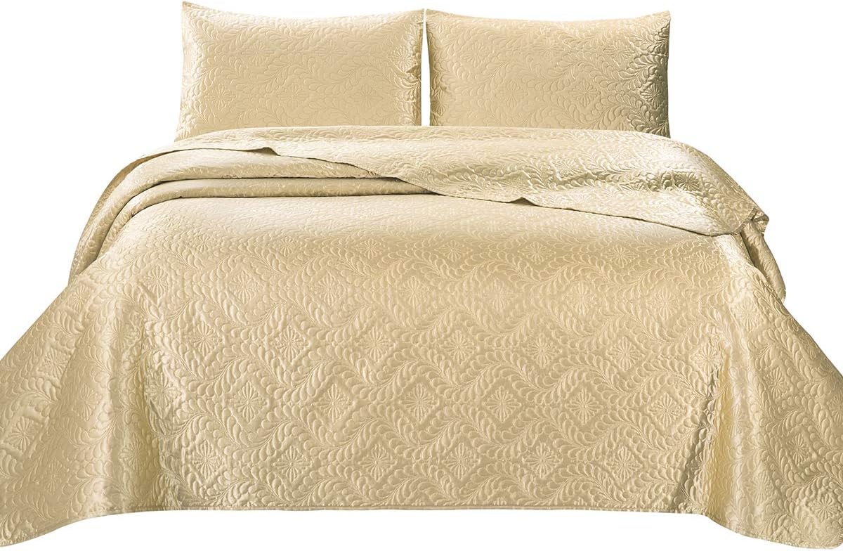 ARTALL Full/Queen Size Bedspread, Silky Super Soft 3 Piece Deep Pocket Satin Solid Bed Quilt Coverlet - Champagne