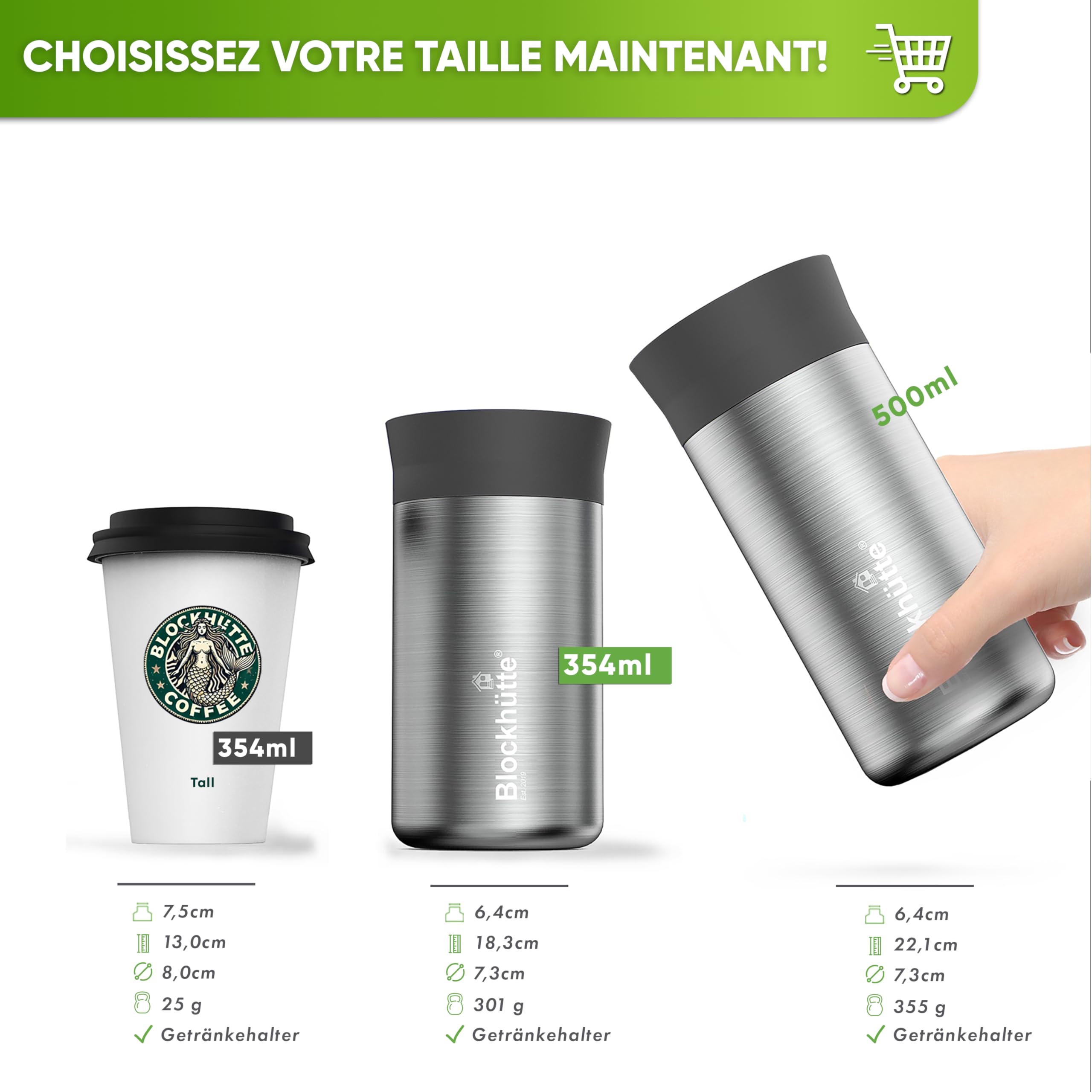 Blockhütte Travel Mug Isotherme Cafe en Acier Inoxydable – 354ml Tasse Isotherme, Mug Thermos gardant la chaleur jusqu'à 8 h - Gobelet Thermique Anti-Fuite, Tasse à Café à Emporter – Noir