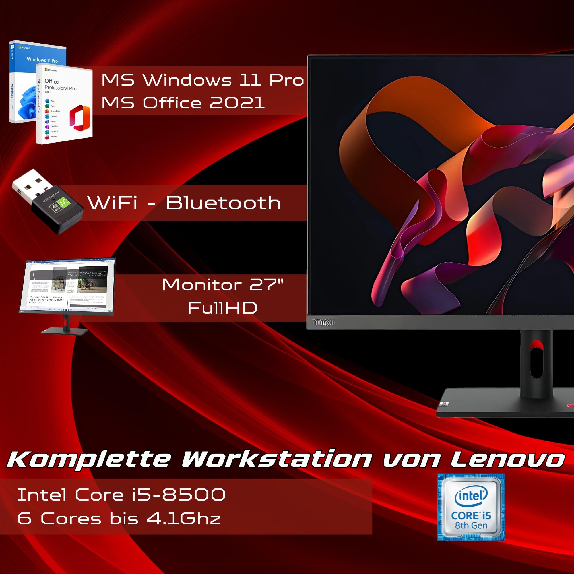 Lenovo Desktop-PC Generalüberholt – Intel I5, 16 GB RAM, 512 GB SSD, Windows 11 Pro, Office 2021