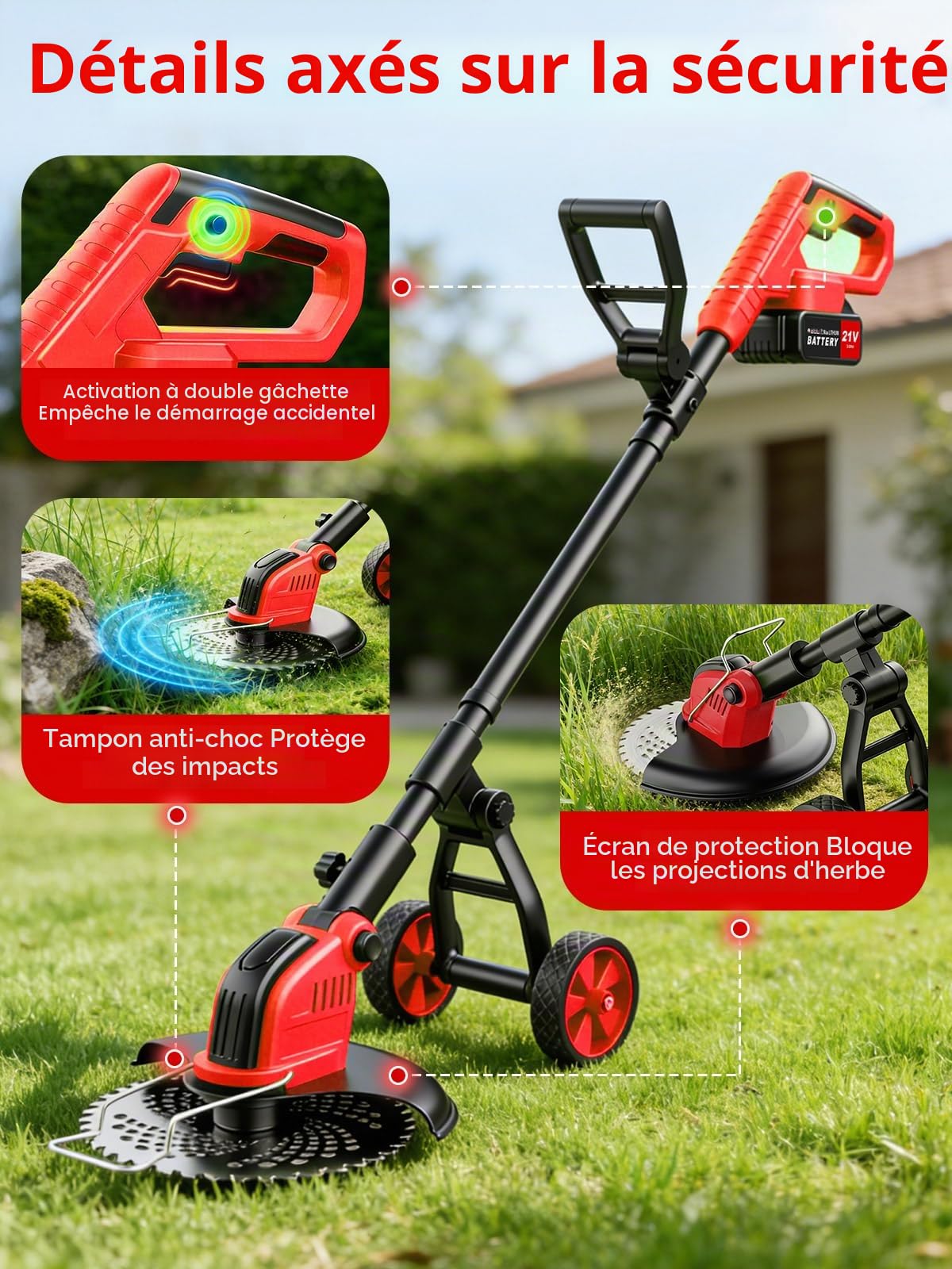 30CM Debroussailleuse Electrique sans Fil, 2x3.0Ah Batterie et Chargeur Coupe Bordure sans Fil, 20 000 TR/Min, Débroussailleuse à Batterie avec 4 Types Lames Longueur RéGlable pour Jardin Élagage