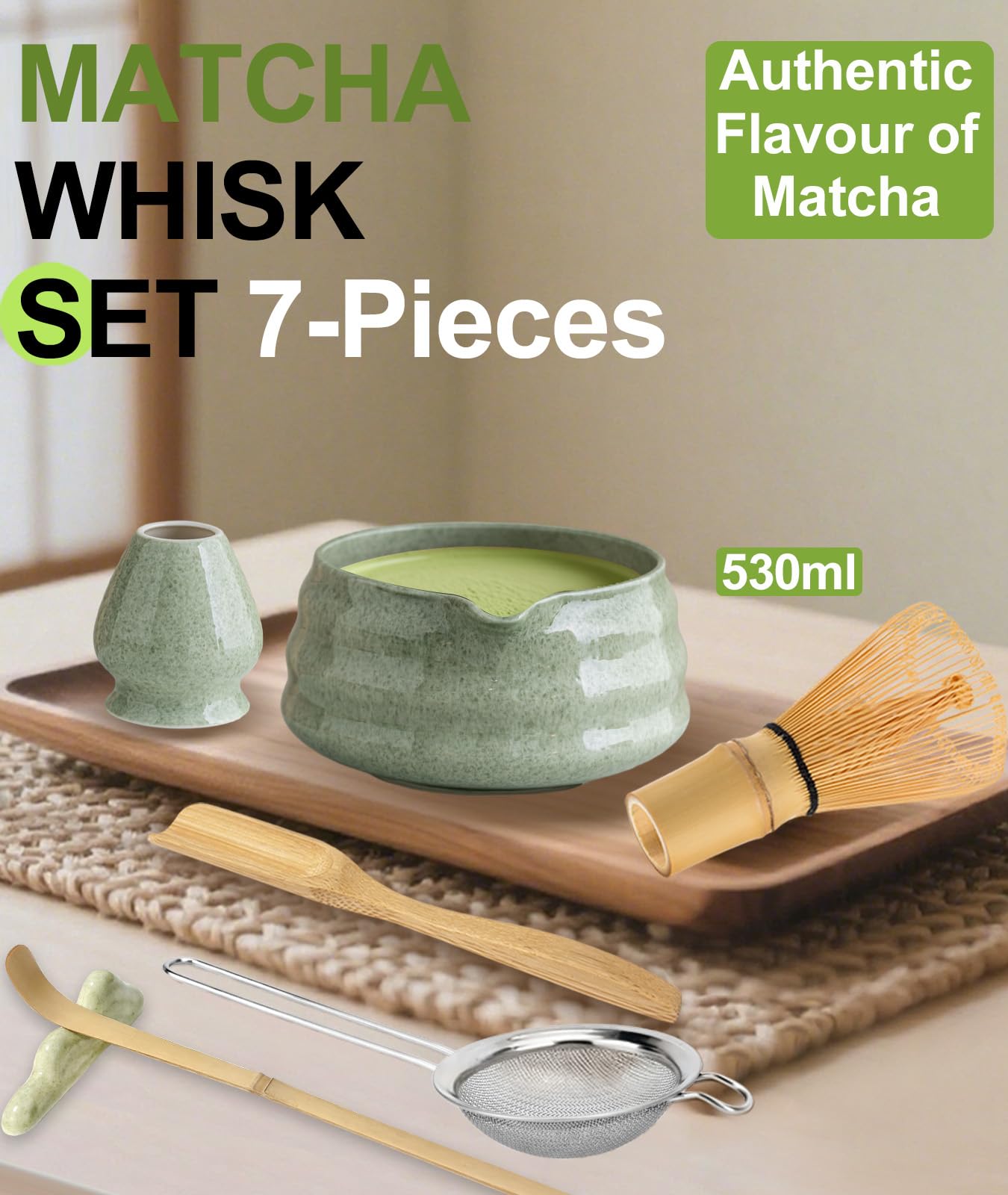 JBER Matcha Kit 7 Piezas - Kit Té Matcha de Ceremonia Japonesa con Tazón con Pico, Batidor de Bambú Chasen y Accesorios Completos, el Juego de Matcha Perfecto para Amantes del Té Matcha, Verde Matcha