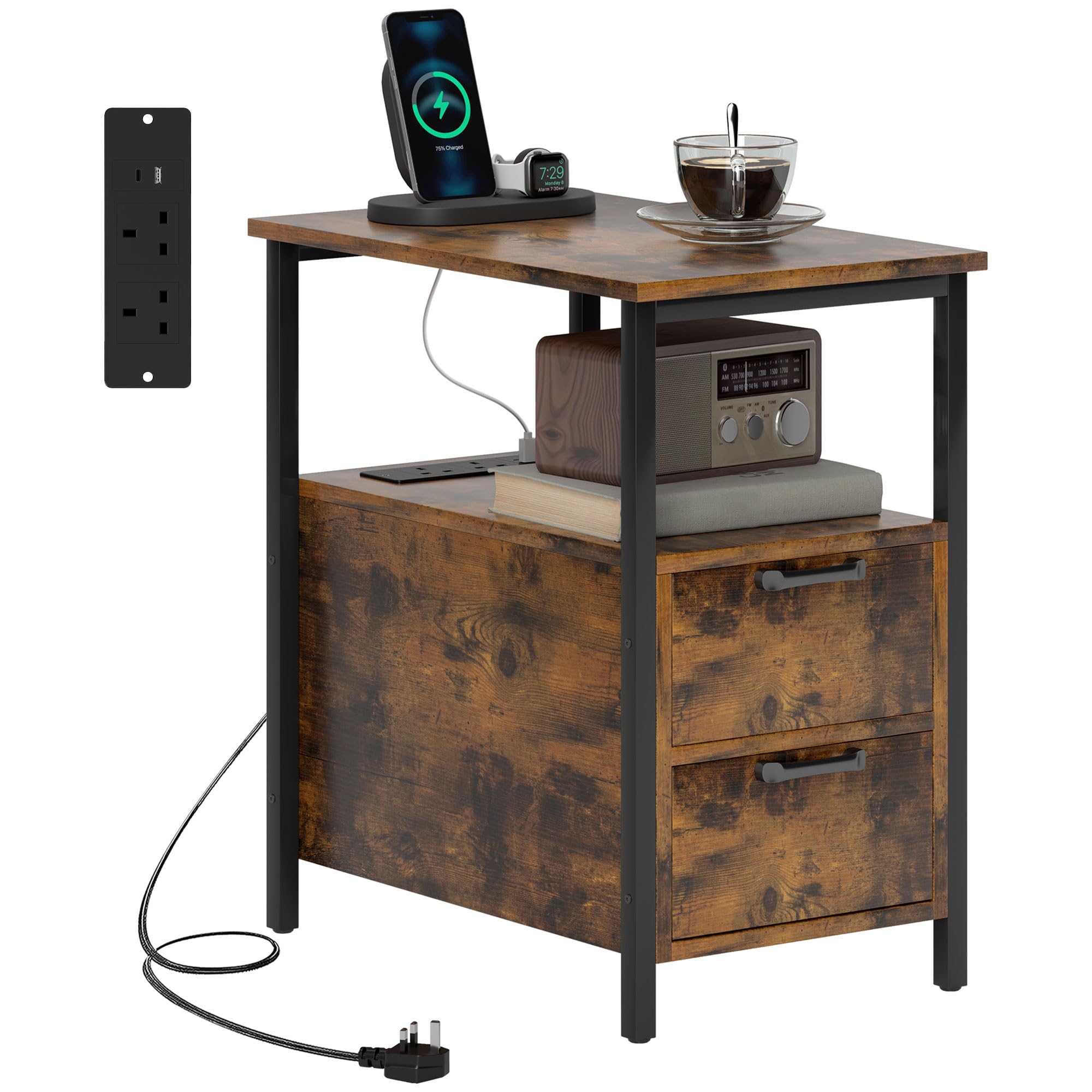 HOMCOM Bedside Table with Charging Station - Rustic Brown - 55L x 35W x 58.5Hcm - Metal/Melamine