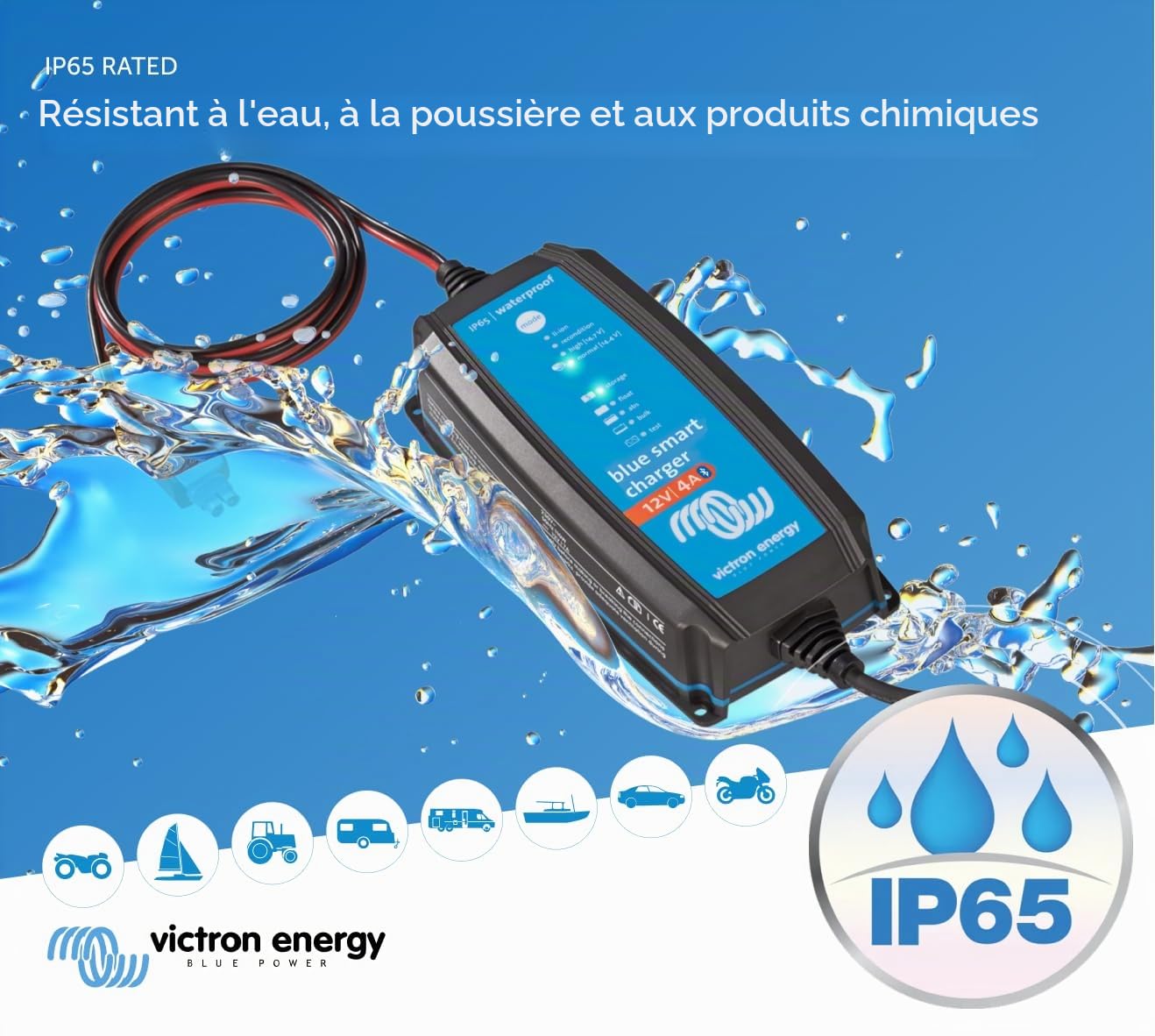 Victron Energy Blue Smart IP65 Chargeur de batterie de voiture intelligent 12 V 4 A, chargeur de batterie de voiture et désulfateur pour motos, VTT, RV, batteries au lithium et à décharge profonde