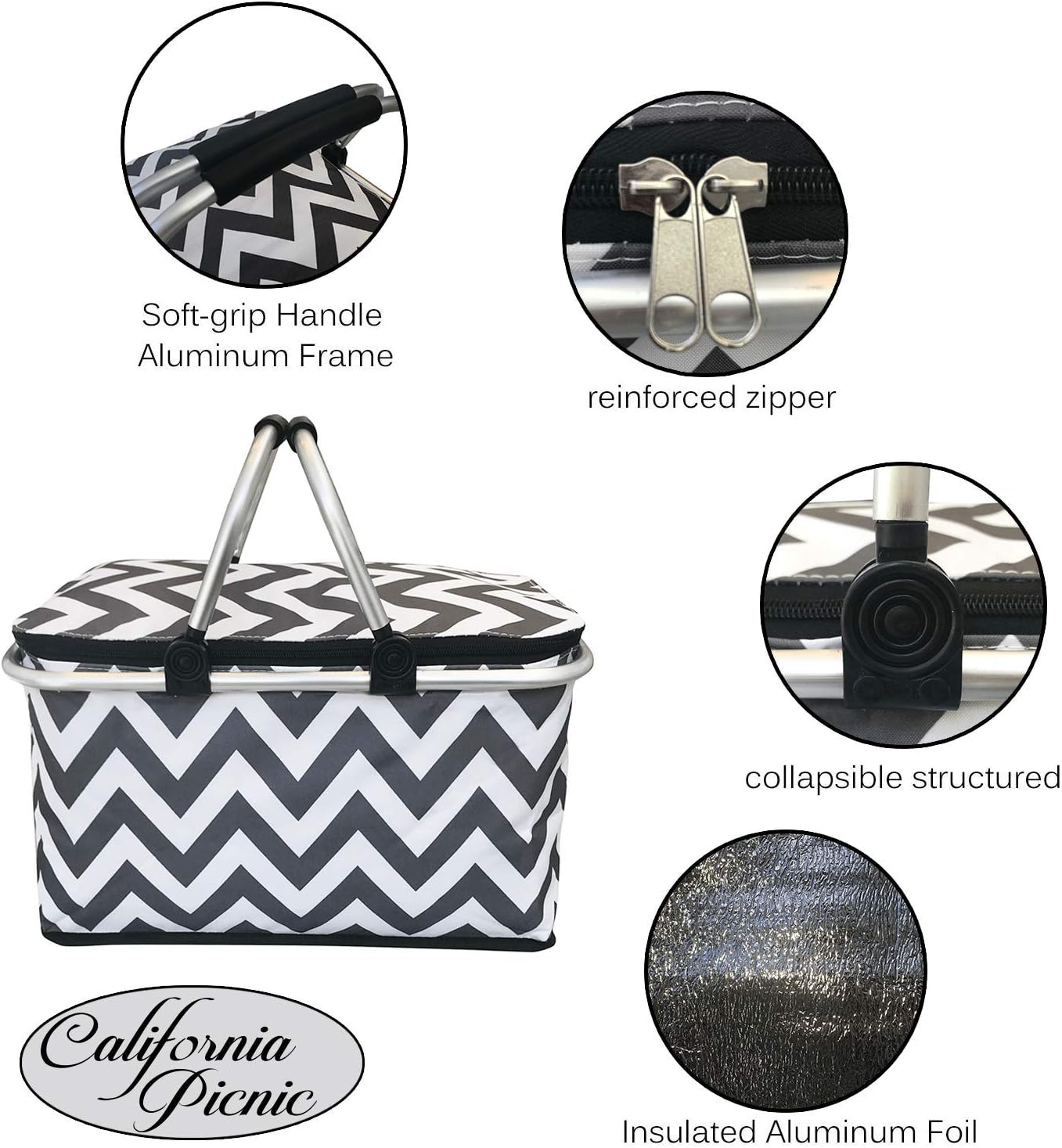 Large Insulated Picnic Basket Cooler | 9 Gal Capacity Leakproof Folding Collapsible Portable Market Basket Bag Set Aluminum Handles for Travel, Shopping & Camping | Keeps Wine, Food & Drinks Fresh : Patio, Lawn & Garden