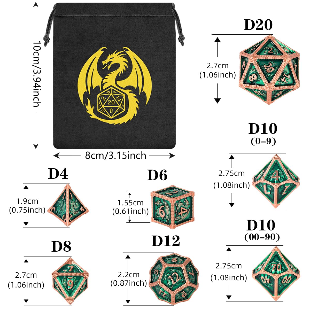AncientDeer Set Di 7 Dadi In Metallo Cavo Con Drago Per D&D, Leggeri 61g, Con Custodia E Borsa, Per Giochi Di Ruolo (RPG, Pathfinder, Warhammer)