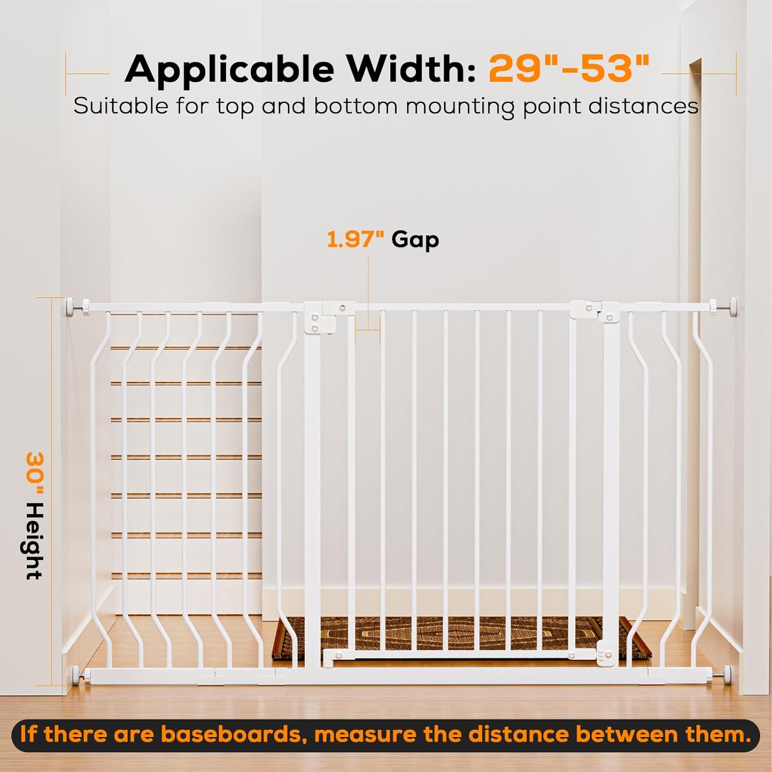 29-53" Baby Gate for Stairs, Baby Safety Essentials, Auto Close Gate for Doorways, Easy Install Pressure Mounted Dog Gate Indoor, Pet Gates for Dogs, White