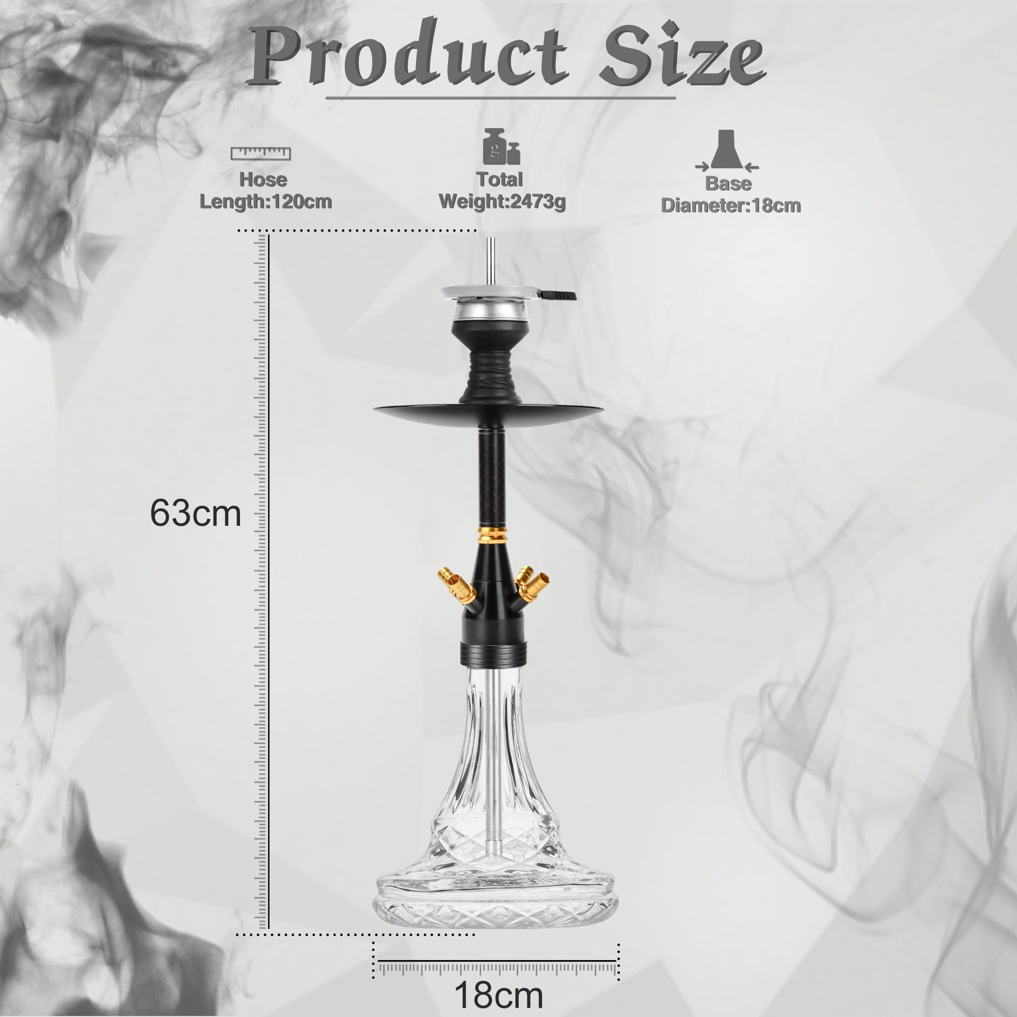 Cachimba Chisha 2 Mangueras Set - Completo con Accesorios para Cachimba de Acero Inoxidable Columna de Humo para Cachimba (Negro)