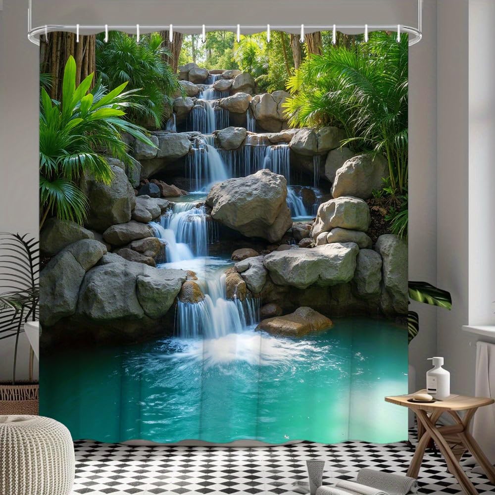 GLWDMB 1 Piece 150x180CM Waterfall Scene Printed Shower Curtain With Hook, Polyester, for Windows And Walls, Bathtub, Bathroom, Machine Washable, All Season Universal