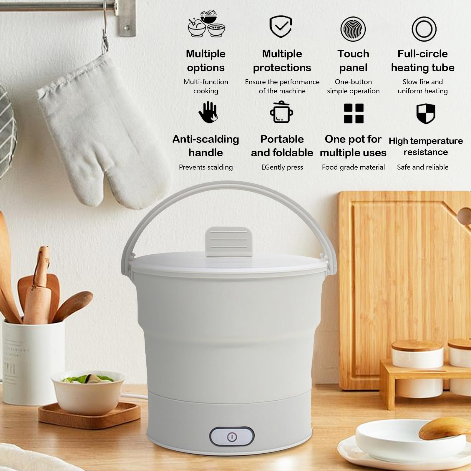 Elektrischer Hot Pot Faltbar, Faltbarer Elektrischer Reisekocher 1L 700W Multifunktionaler Elektrischer Kocher mit Dampf Eintopf Faltbarer Reisewasserkocher Edelstahlboden für Camping Wohnheim