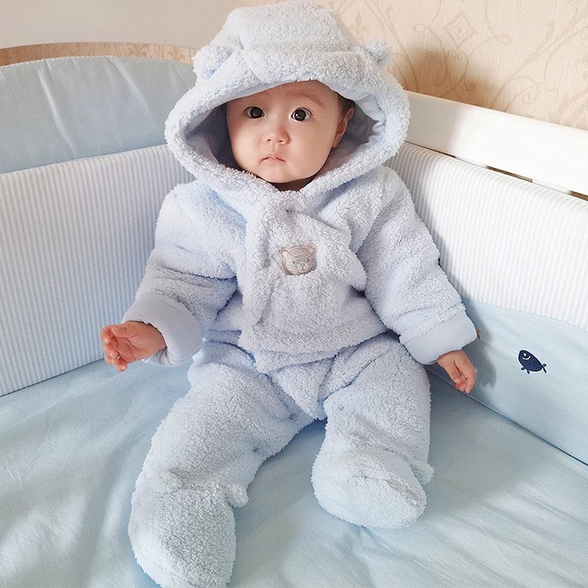 Tutina Invernale da Neonato Tutine da Neonato, Bambino e Bambina Tuta Intera con Cappuccio, Set di Tutine da Neve per Bambini Spesse e Calde,Blu 6-9 Mesi