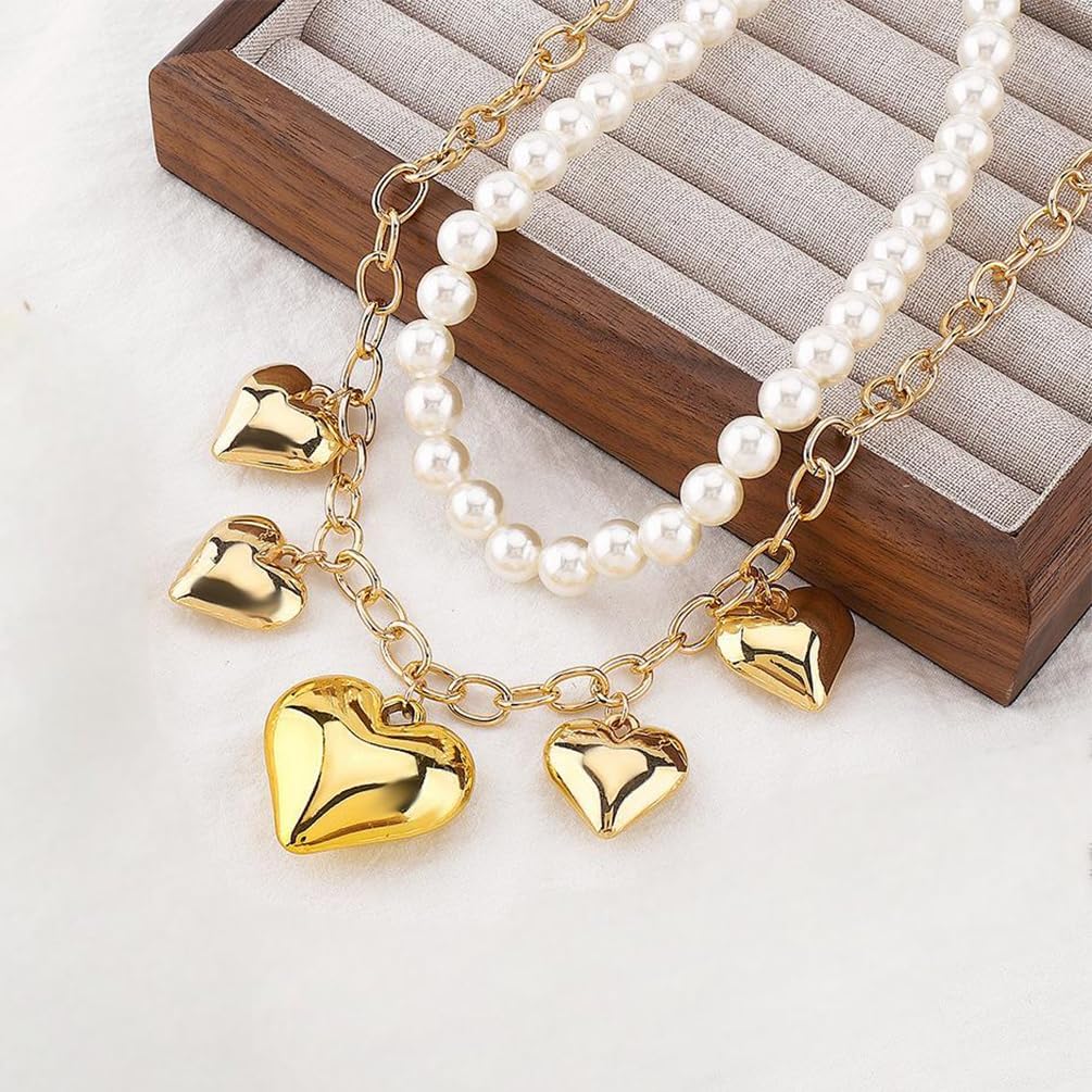 Chunky Gold Heart Necklaces for Women Statement Beaded Pearl Choker Love Hearts Pendant Necklaces Trendy Y2k Layered Chain Party Jewelry Gifts Accessories - Image 6