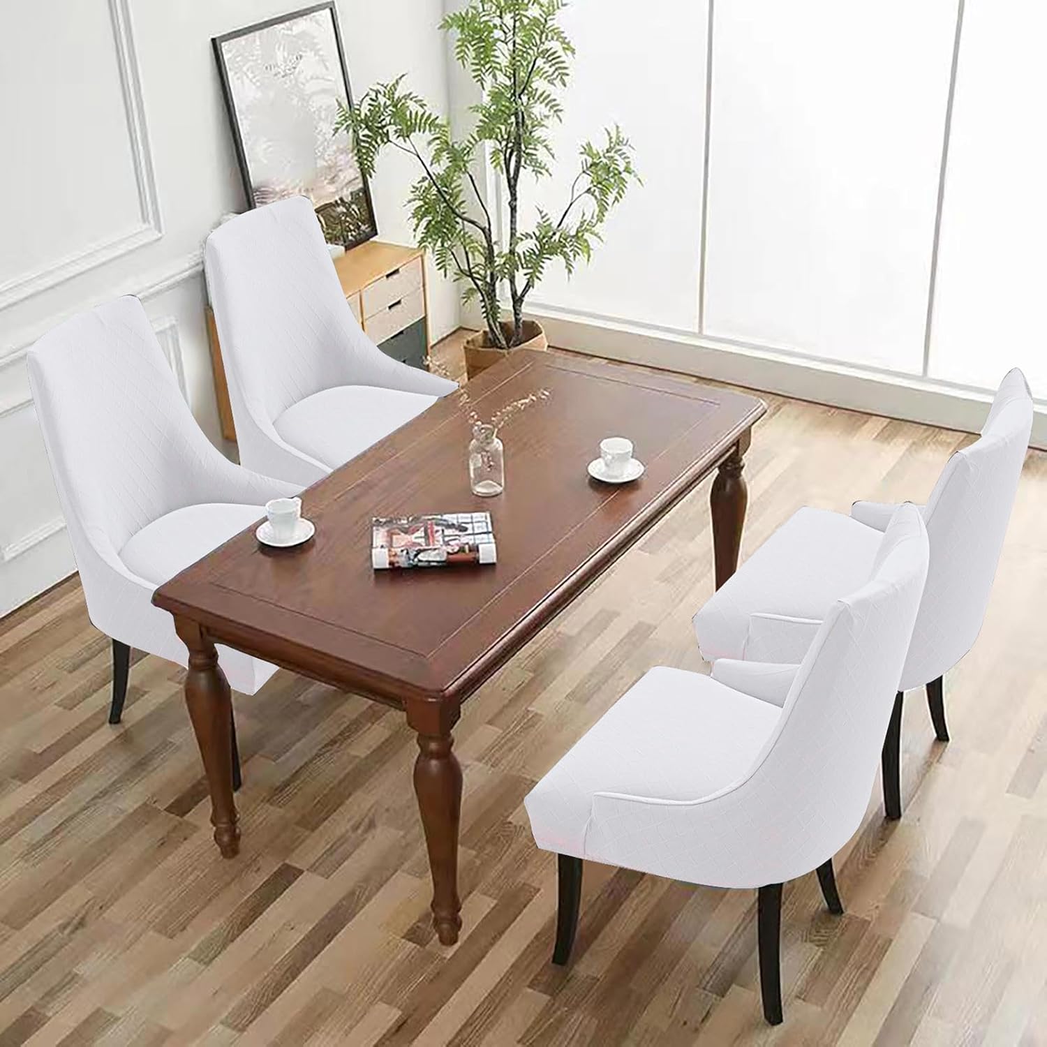 Dining Chair Covers, Stretch Wingback Dining Chair Covers, Dining Room Chair Covers Protector Cover, for Dining Room, Banquet, Home Decor (White,6 Pieces)