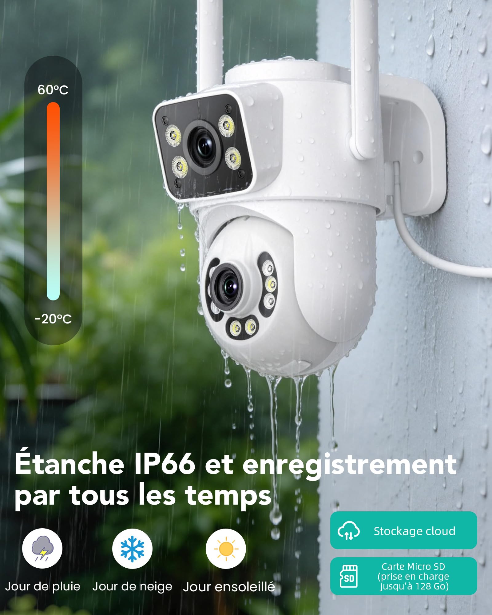 ANBIUX 2K Camera Exterieur | avec Double Objectif et 2.4/5G WIFI,2 Mètres Câble,Vision Nocturne Couleur,Détection Humaine, Audio Bidirectionnel,Étanche