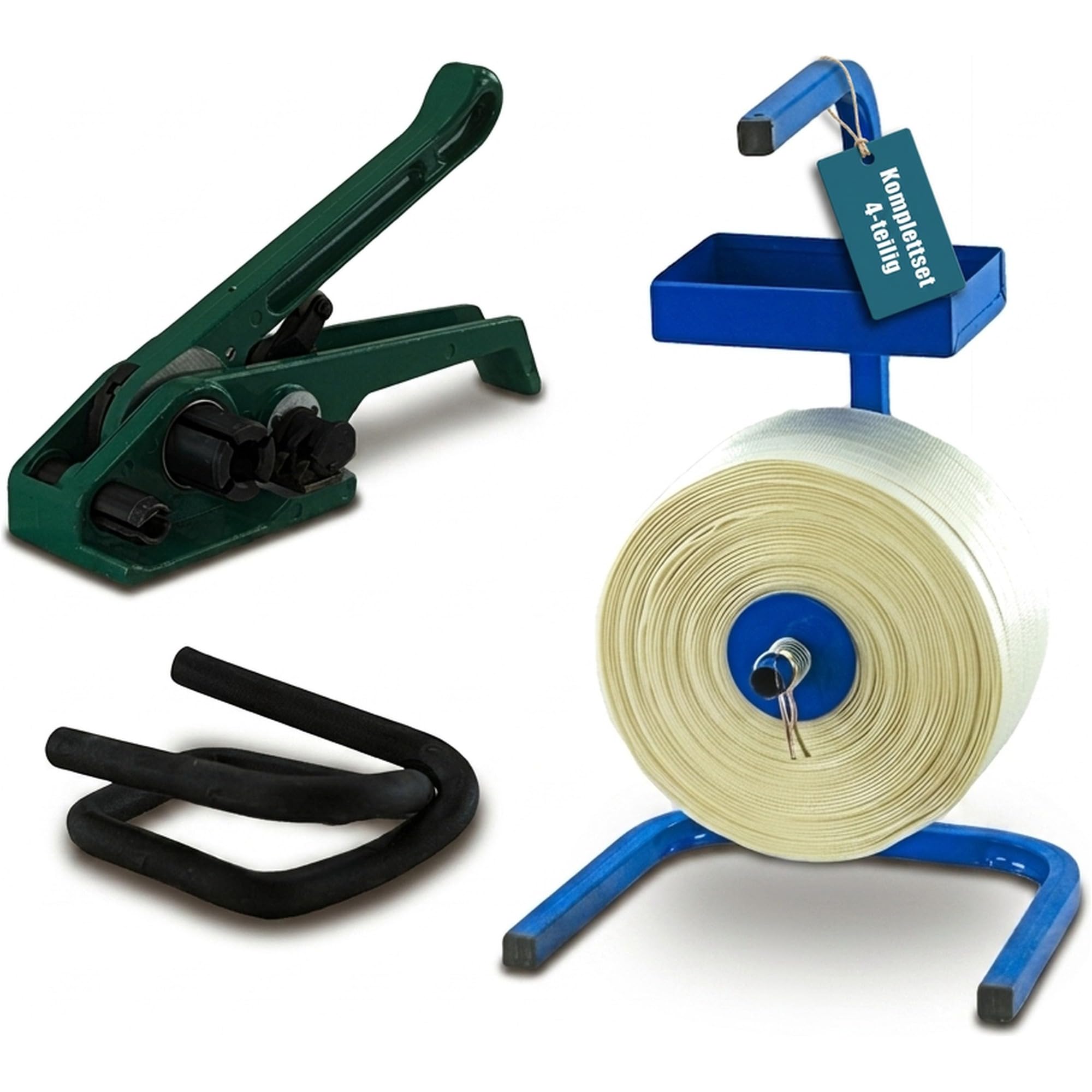 KK Verpackungen Umreifungsset Textil gewebt 19 mm | 400 m Umreifungsband HD 975 kg Reißfestigkeit | Bandspanner, Abroller, 100 Verschlussklemmen | Polyester Verpackungsband 76 mm Kern