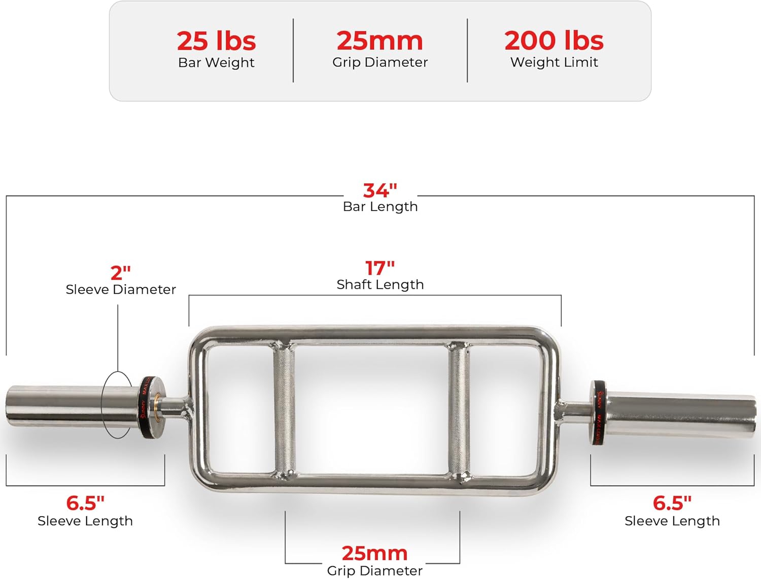 Sunny Health & Fitness Olympic Tri-cep Bar with 2-inch Sleeves, Neutral Grip, Chrome Finish, Spin-Lock Collars