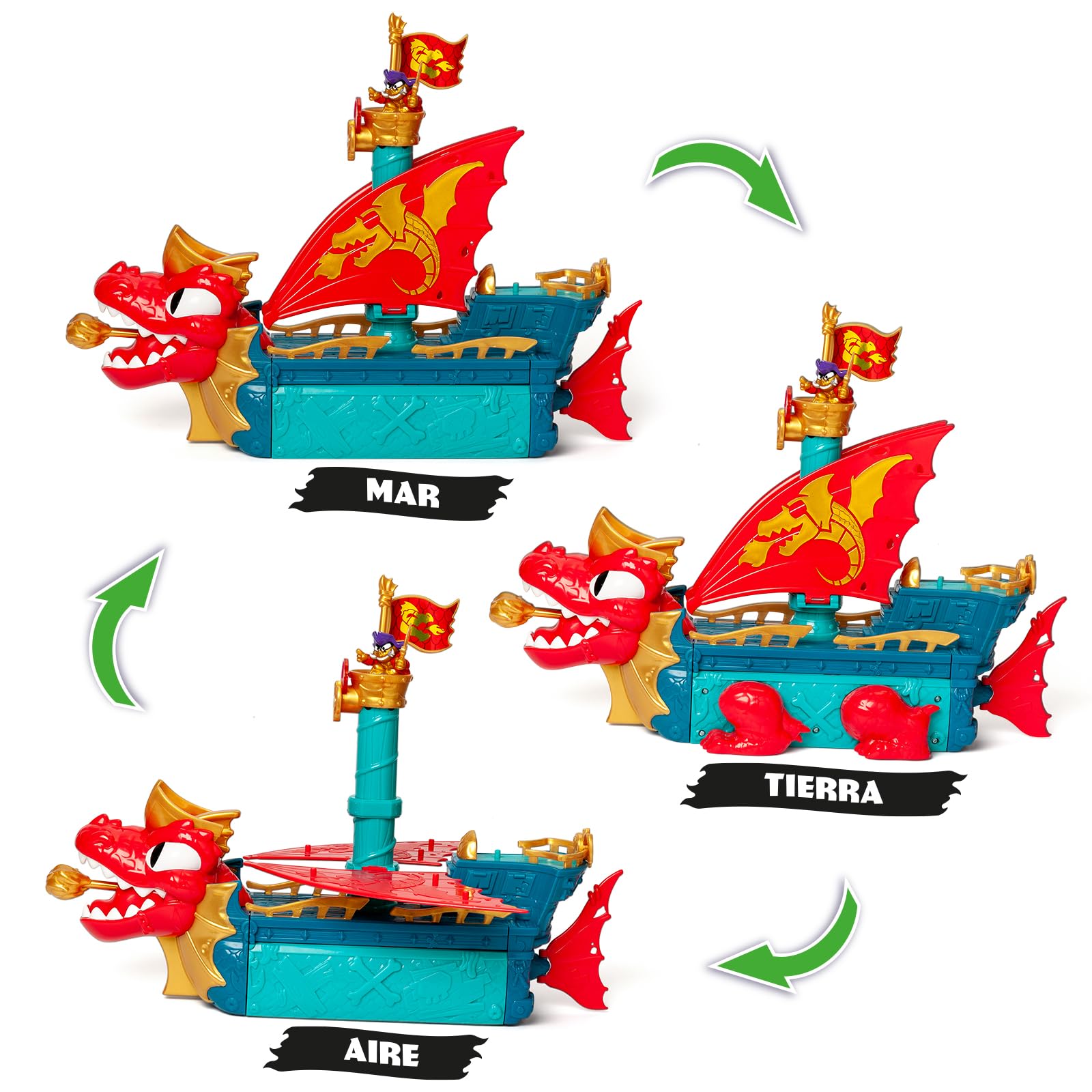 PIRATIX Dragon Ship – Barco Dragón de Piratix Todo Terreno 3 en 1: Tierra, Mar y Aire. Contiene 1 Barco Dragón, 1 Piratix Exclusivo, 1 Tesoro Exclusivo, 1 Bandera y 1 proyectil