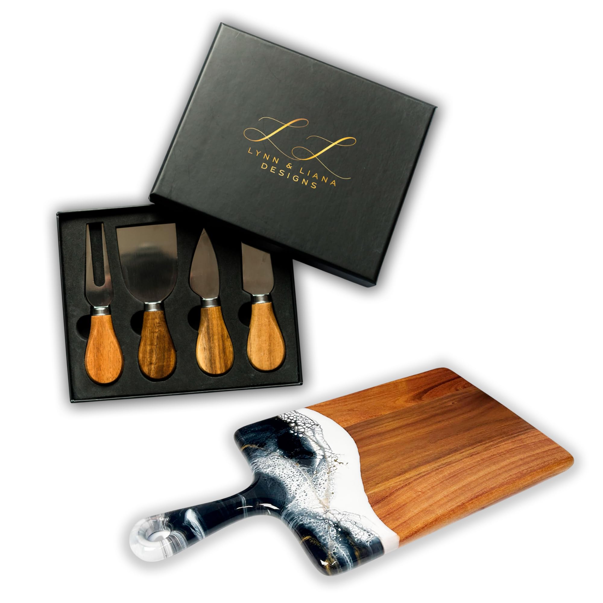 LYNN & LIANA Medium Acacia Cheese Board with Acacia Wood Handled Cheese Knife Set | Luxury Charcuterie Board and Knives for Serving | 8 in x 16 in Navy Gold Metallic Handled Board