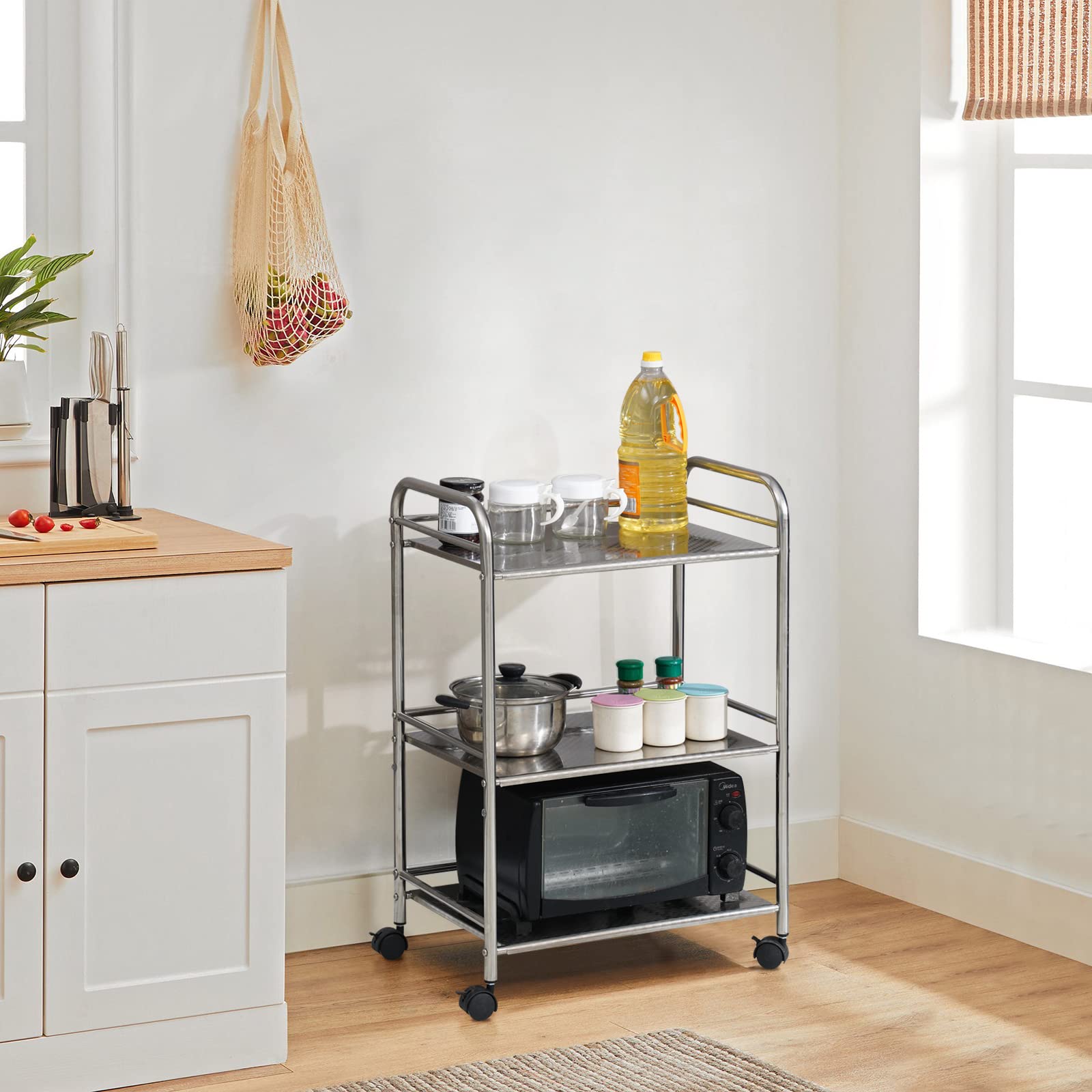 CLIPOP Carro de almacenamiento de cocina de 3 niveles, de acero inoxidable, carrito de servicio rodante con rueda de bloqueo para cocina, hoteles, restaurantes y hogares de cuidado (35 x 50 x 75 cm)