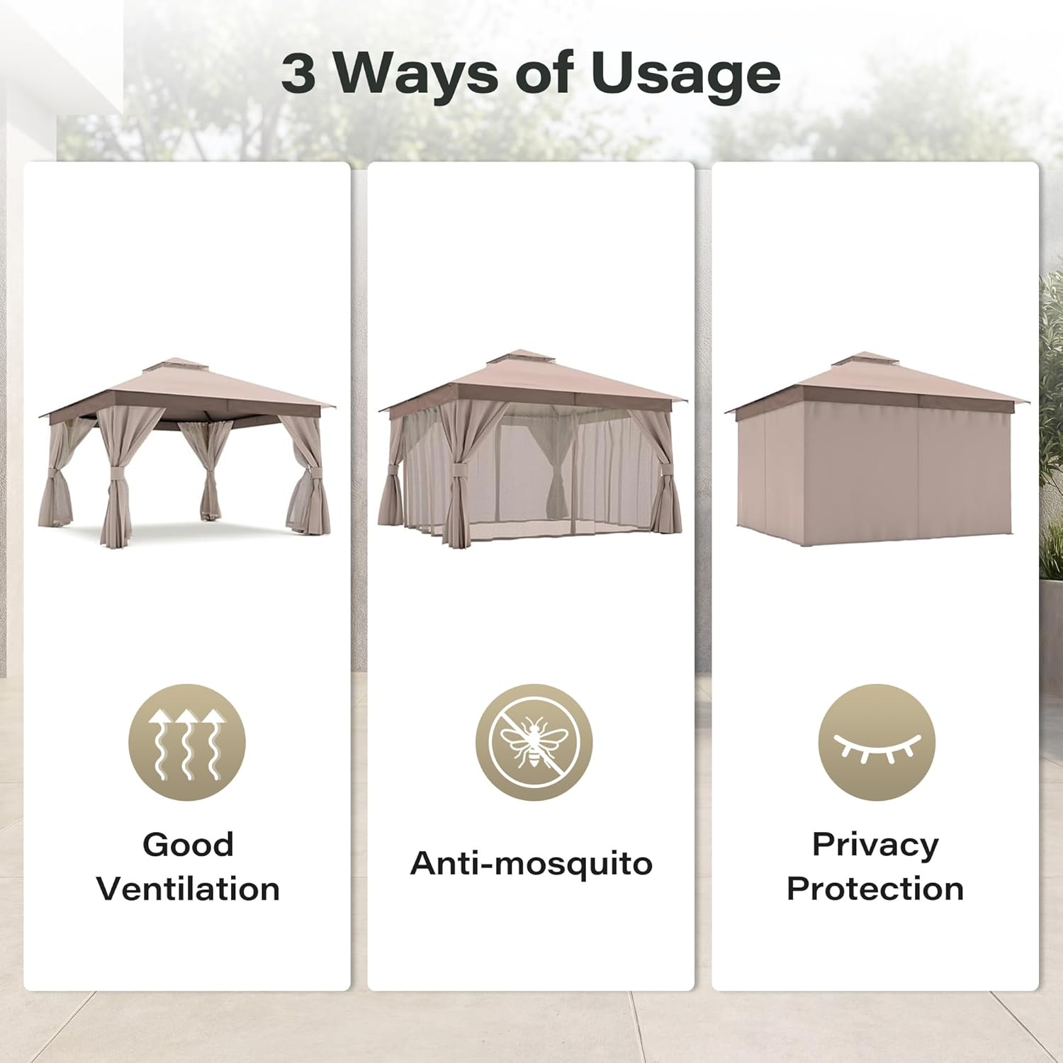 EO Living 12' x 12' Outdoor Patio Gazebo, Heavy-Duty Galvanized Steel Frame with Double-Tier Roof, Mosquito Netting & Privacy Curtains for Backyard, Patio & Lawn, Khaki