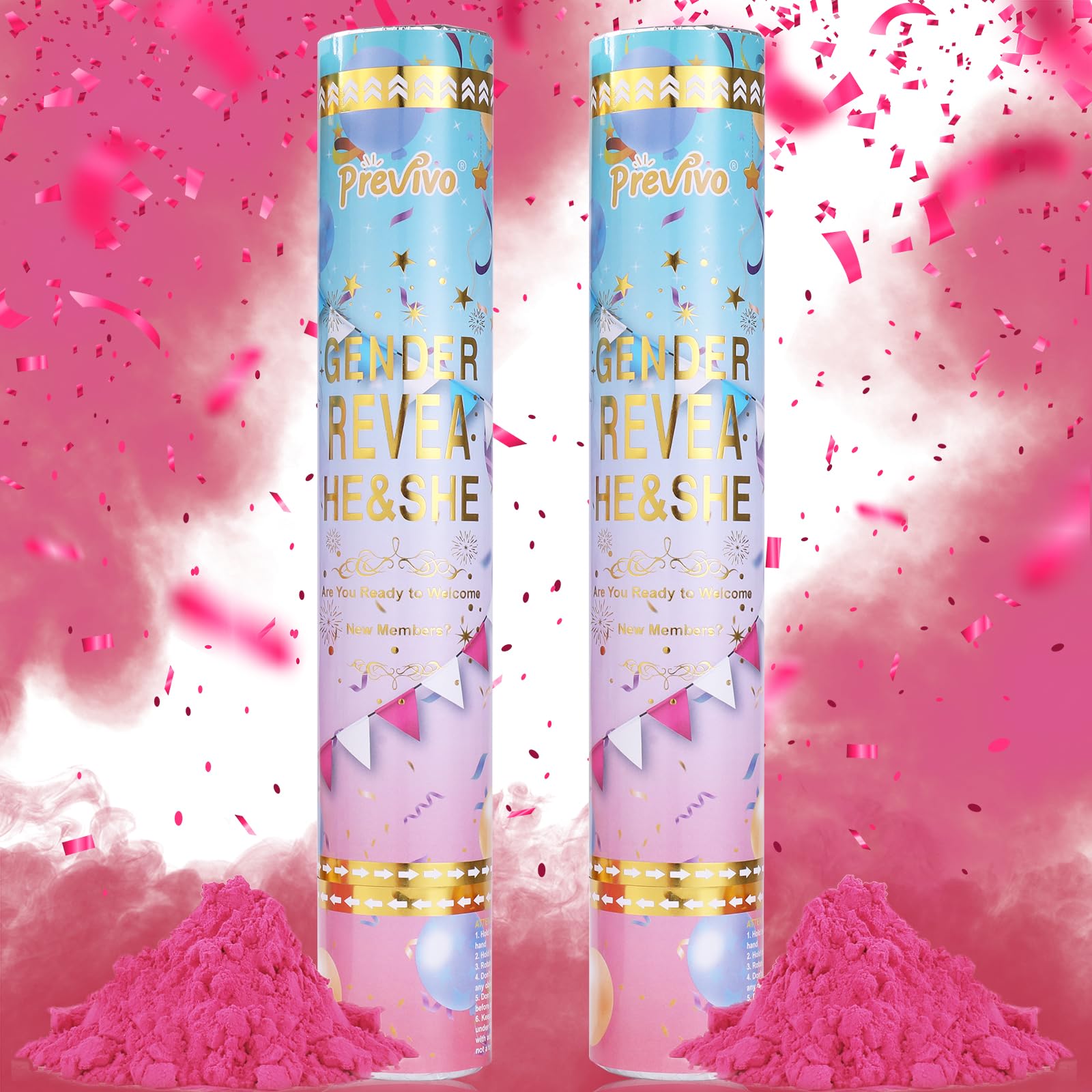 Previvo Gender Reveal Confetti Powder Cannon - 2 Pack Pink Baby Gender Reveal Poppers - 100% Biodegradable Powder Smoke - Ideas Party