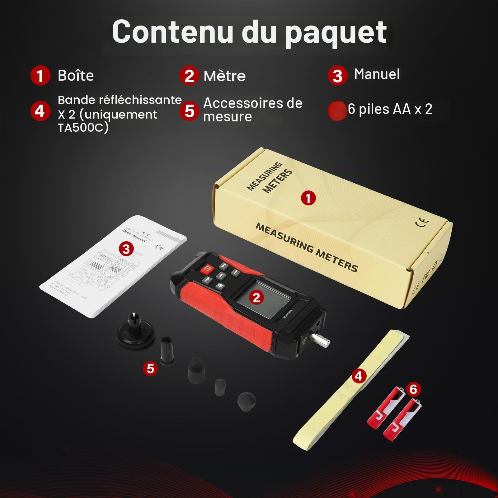Compte-tours numérique, tachymètre 2 en 1 optique (3-99 999 tr/min) et contact (3-19 999 tr/min), distance de mesure 50-500 mm, réponse 0,8 s, max/min/moyenne pour voiture, industrie
