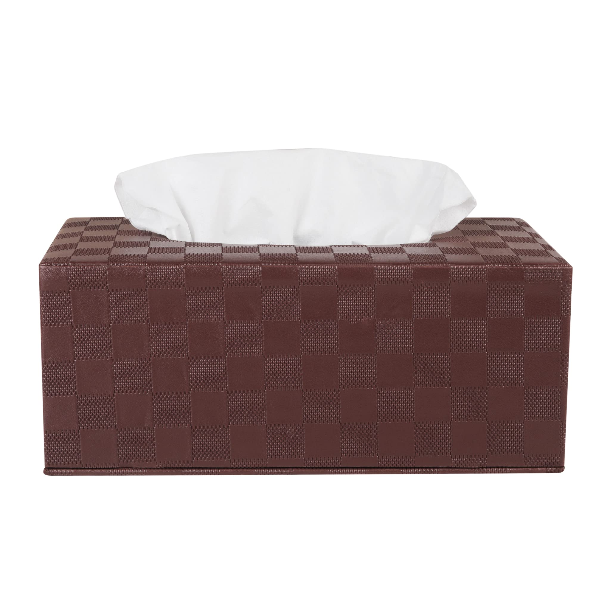 Anything & Everything Faux Leather Tissue Box Holder, Napkin Holder Box for Home and Car (Check) Brown