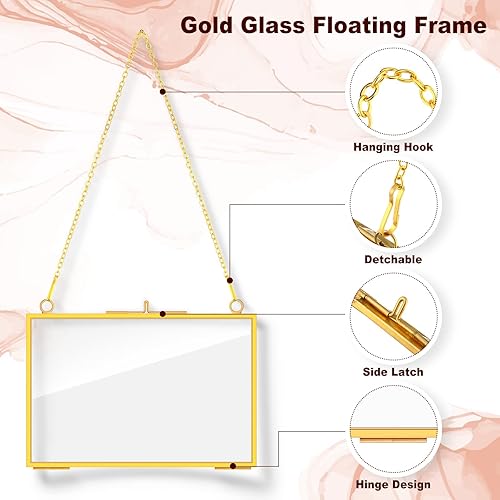 Miniatura 3 de Chunful 9 marcos de vidrio doble para flores prensadas, marcos de fotos colgantes, exhibición de fotos, marco flotante de metal dorado de latón con