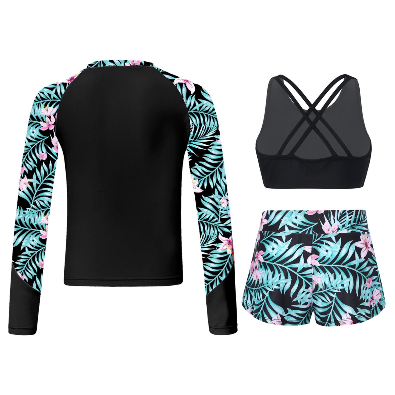 dPois Anti UV Enfant Fille Maillot de Bain 3 Pièces T-Shirt Rashguard Manche Longue Débardeur Short de Plage Sport Natation Tankini Ado Vacances 7-16 Ans