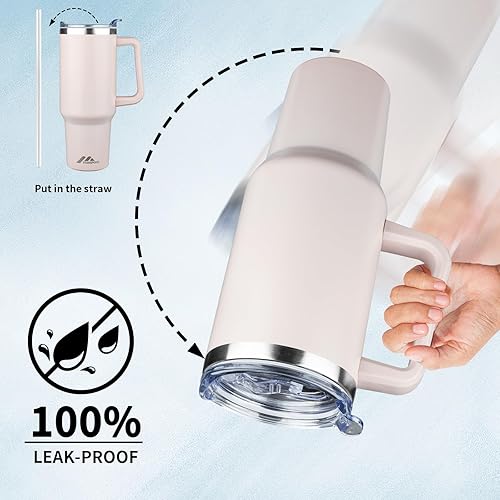 Miniatura 5 de Vaso de 40 onzas con asa y tapa con popote, botella de agua de acero inoxidable, taza aislada reutilizable con tapa y popote, mantiene el frío calor