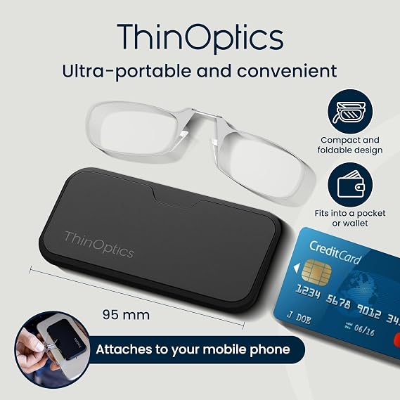 ThinOptics Folding Reading Glasses, 1.0 to 2.5, Universal Pod Case, Armless