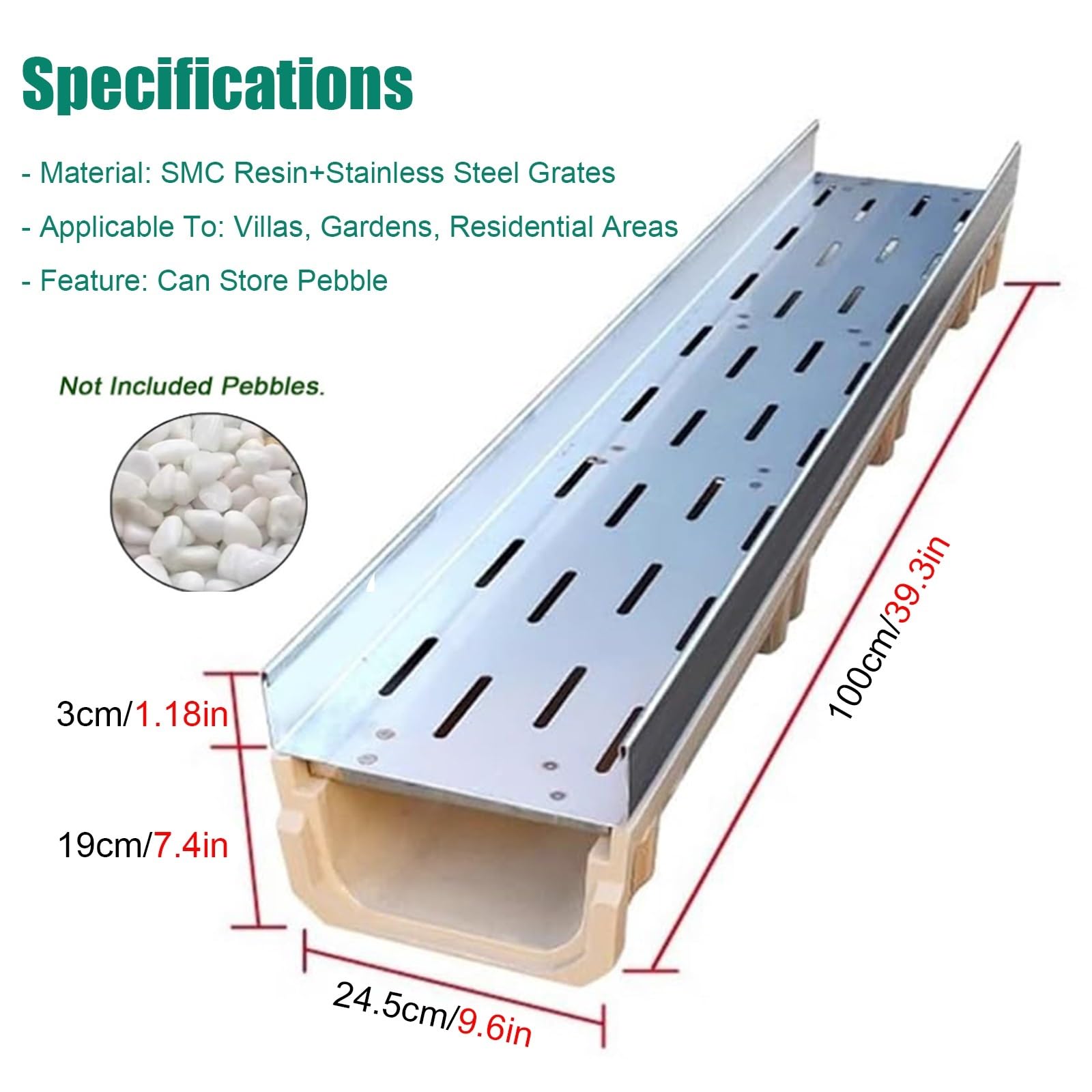WDJBPSH caniveau Exterieur Extérieur Kit de Drainage Français pour Remplissage de Galets/Pierres de Pluie, 1 M de Long Grille de Drainage À Profil Profond/Drainage de l'eau de Pluie(24.5x19x100cm)
