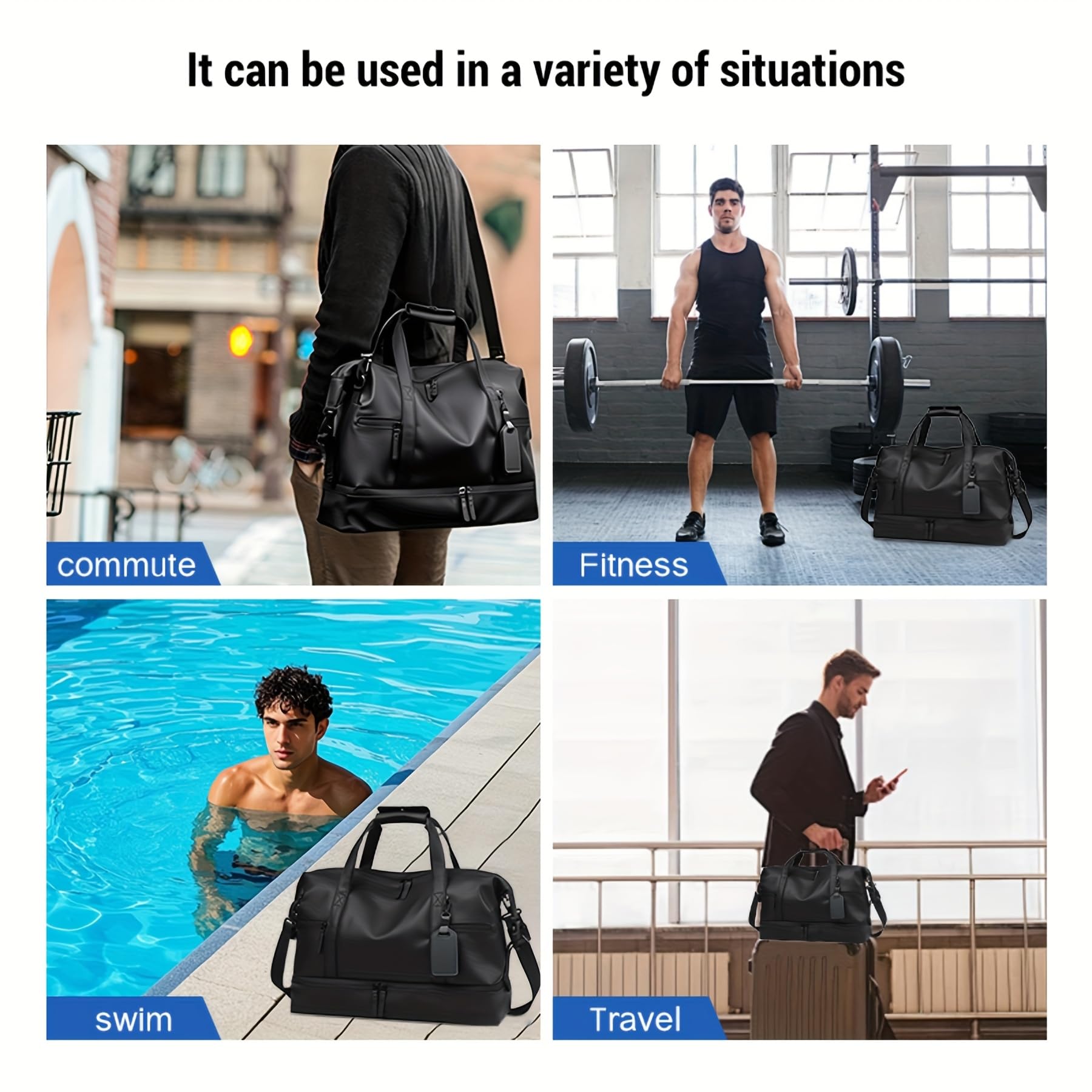 Bolsa de lona plegable para deportes, de poliuretano, ligera, con bolsillo húmedo y compartimento para zapatos, bolso de mano portátil para entrenamiento, fin de semana, uso diario