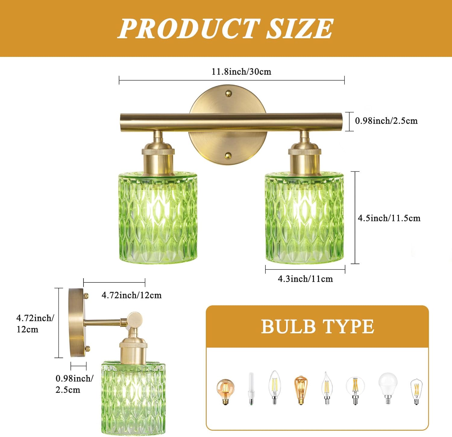 Bathroom Vanity Light, Gold Wall Fixture Over Mirror, Green Glass Shade Lighting with Bulbs Included for Bedroom & Living Room,2-Lights