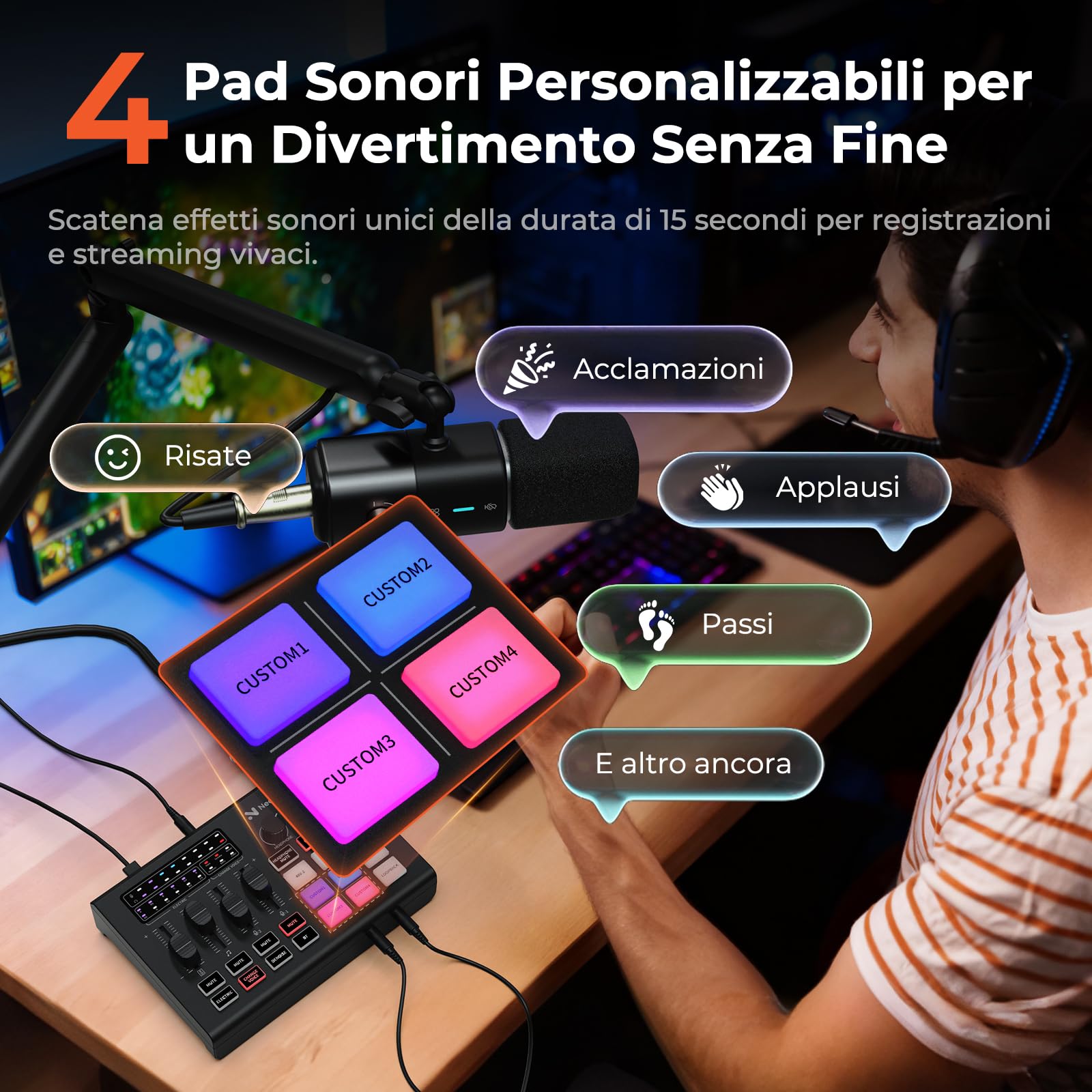 NearStream Mixer gaming con preamp mic, doppio ingresso XLR/6.35mm, 48V, RGB, voice changer, sound pads, loopback – Interfaccia audio per streaming, podcast e musica (AMIX20U)