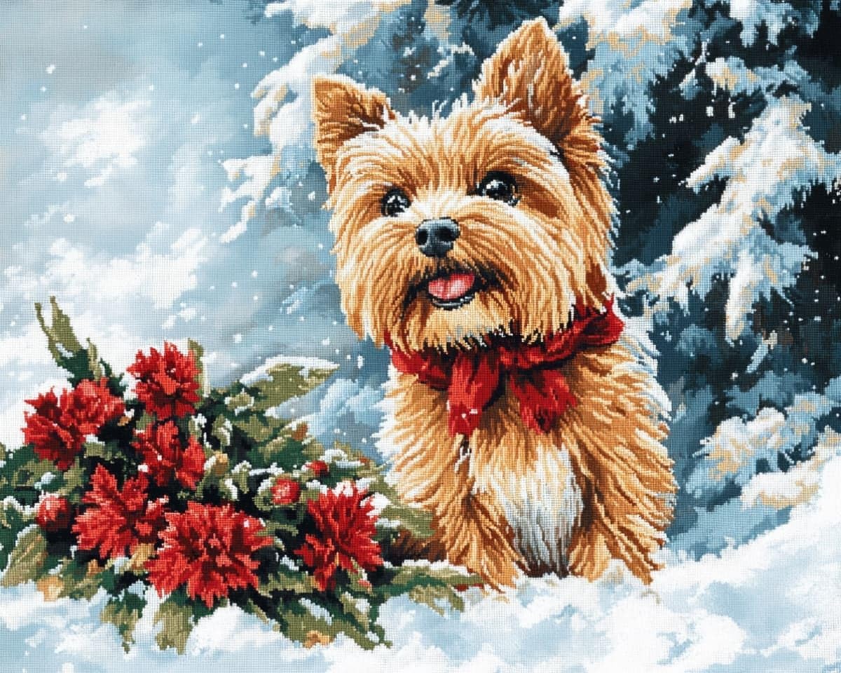 AxiangziK Cross Stitch Kits for Adults 16x20in,Yorkshire Terrier in the Snow Stamped Cross Stitching Ornament Kits for Beginners,Counted Embroidery Needlepoint Home Decor Gift